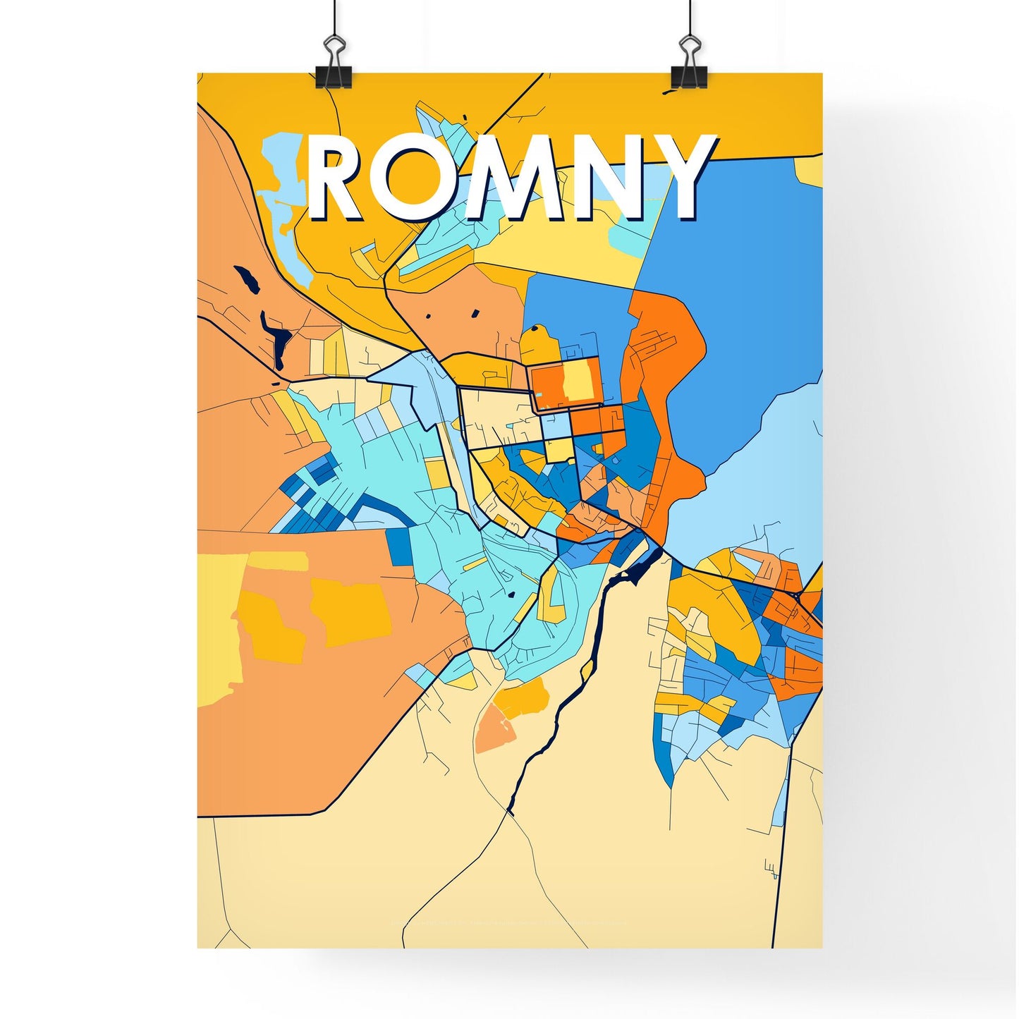 ROMNY UKRAINE Vibrant Colorful Art Map Poster Blue Orange