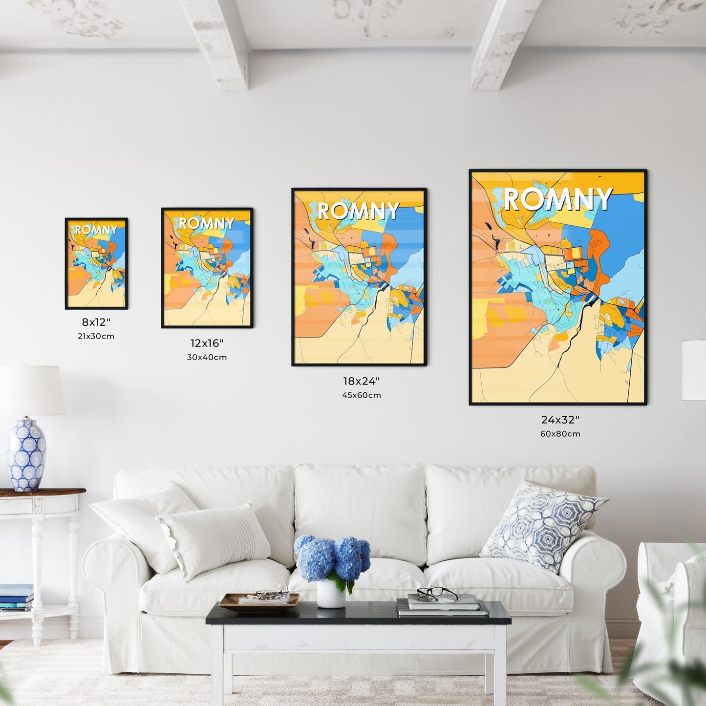 ROMNY UKRAINE Vibrant Colorful Art Map Poster Blue Orange