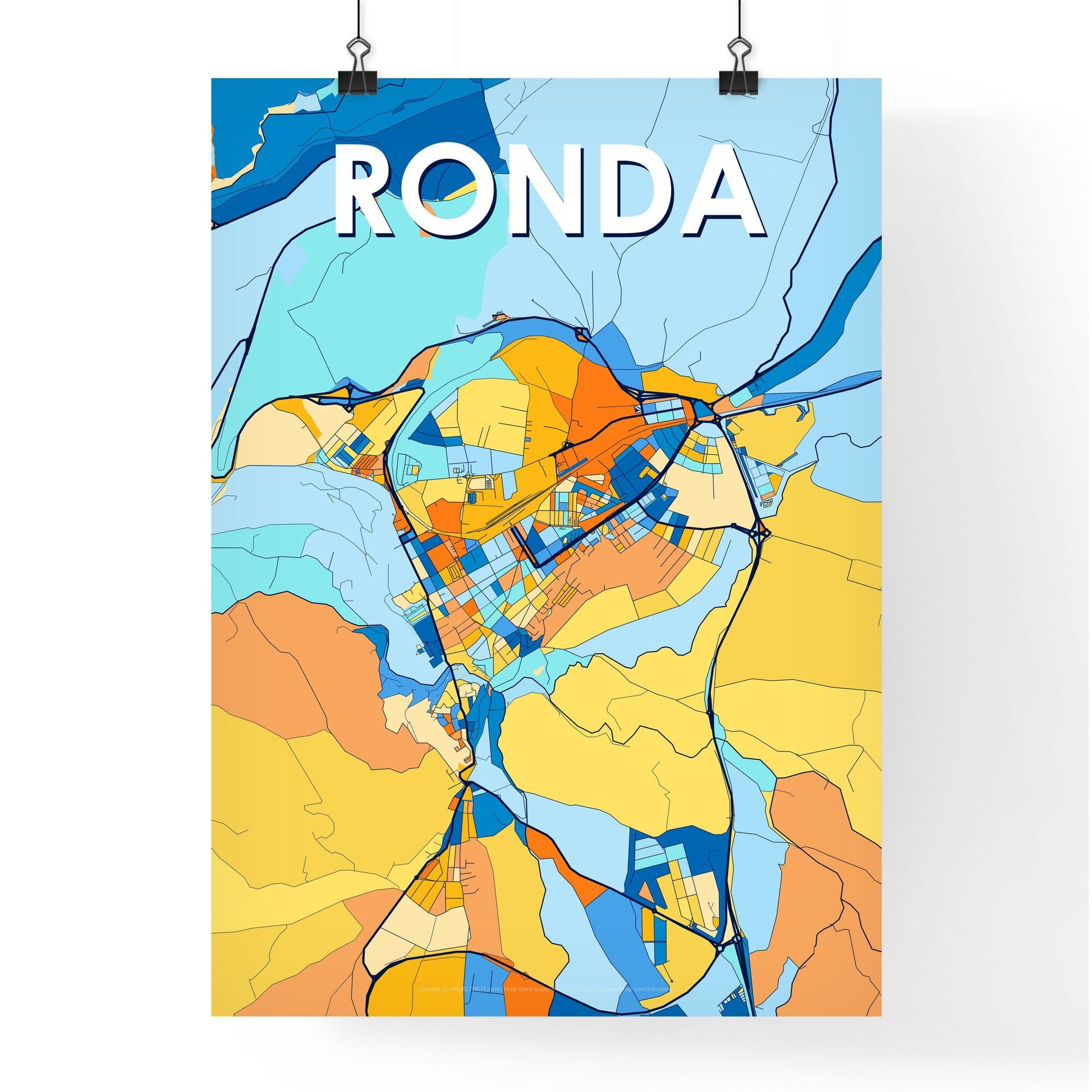 RONDA SPAIN Vibrant Colorful Art Map Poster Blue Orange