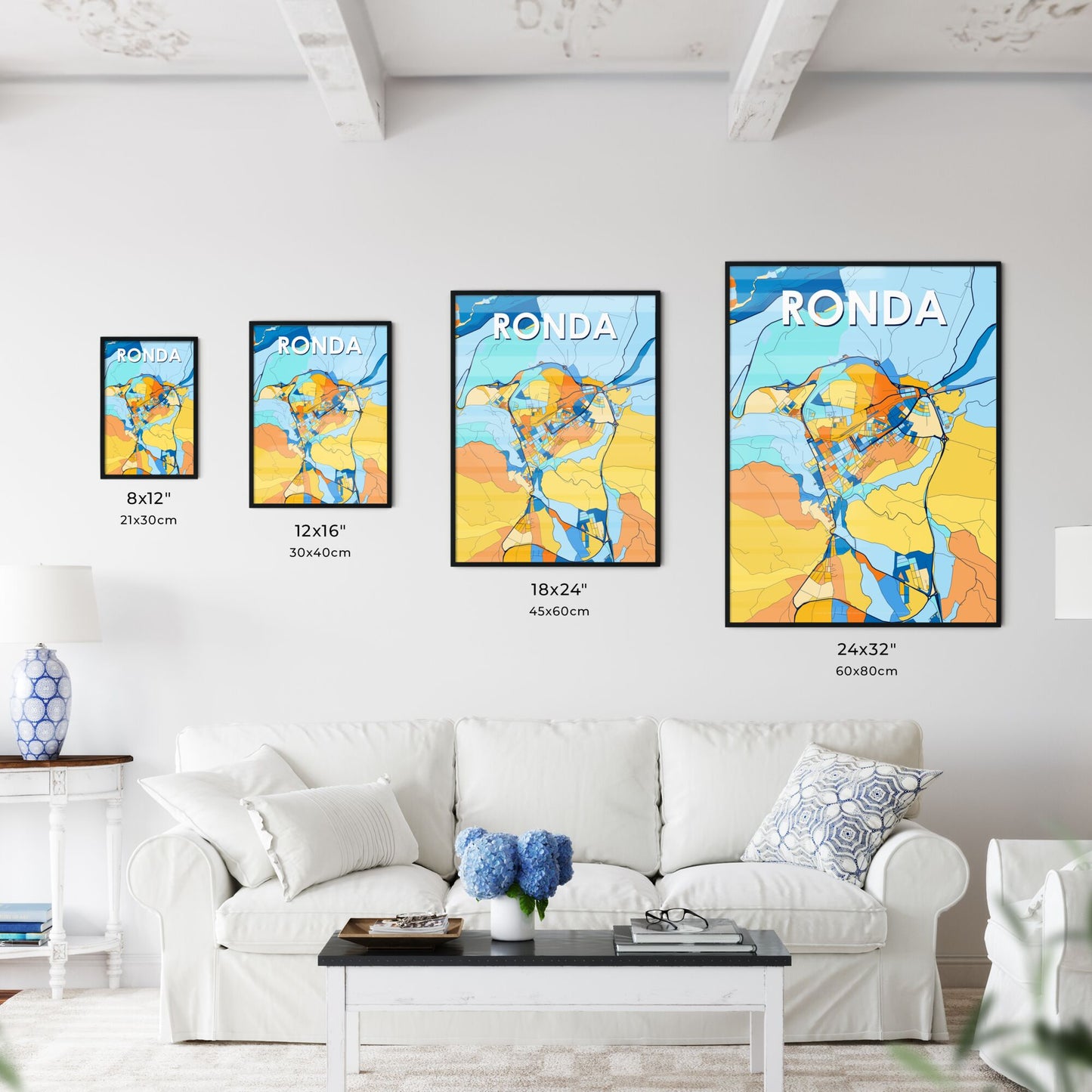 RONDA SPAIN Vibrant Colorful Art Map Poster Blue Orange