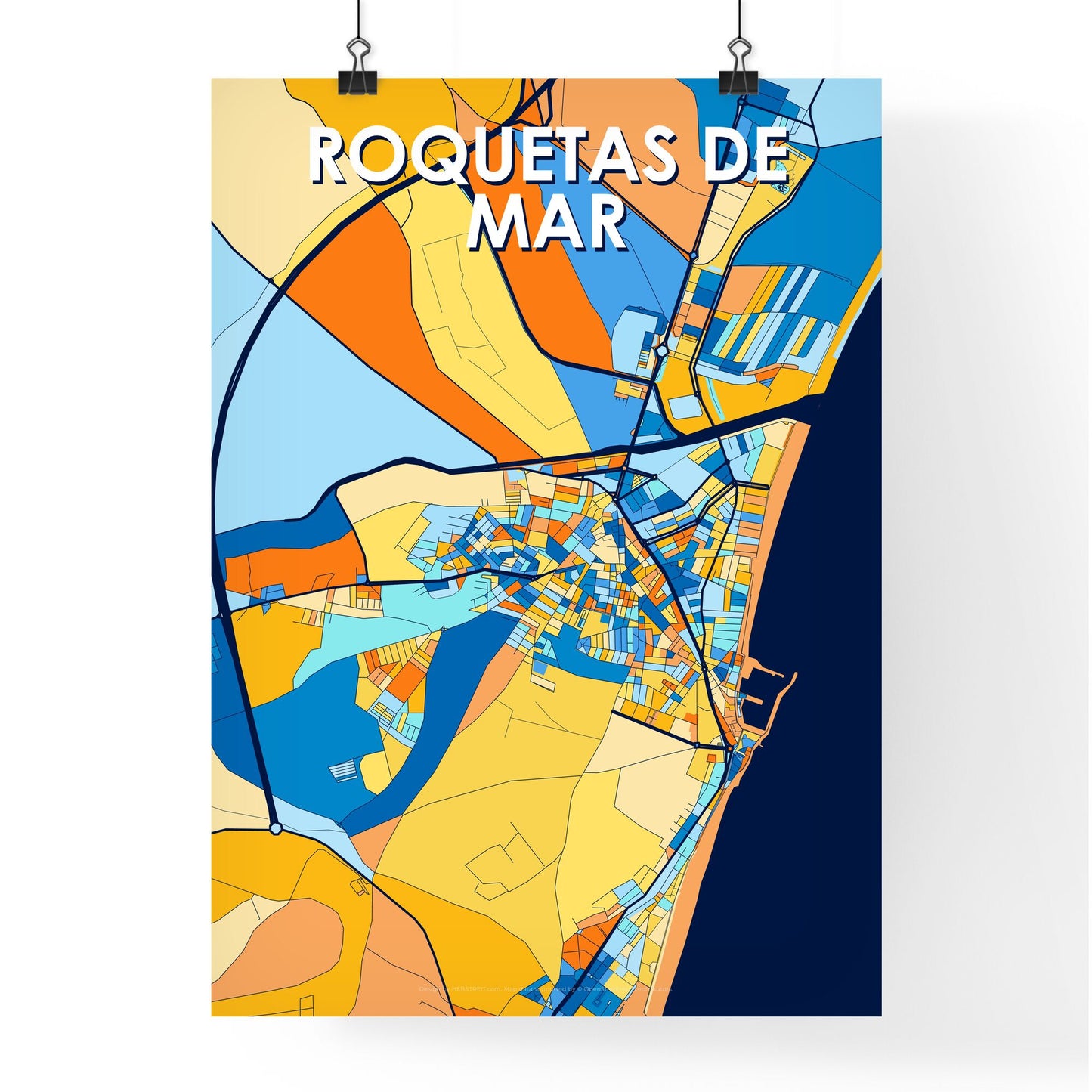 ROQUETAS DE MAR SPAIN Vibrant Colorful Art Map Poster Blue Orange