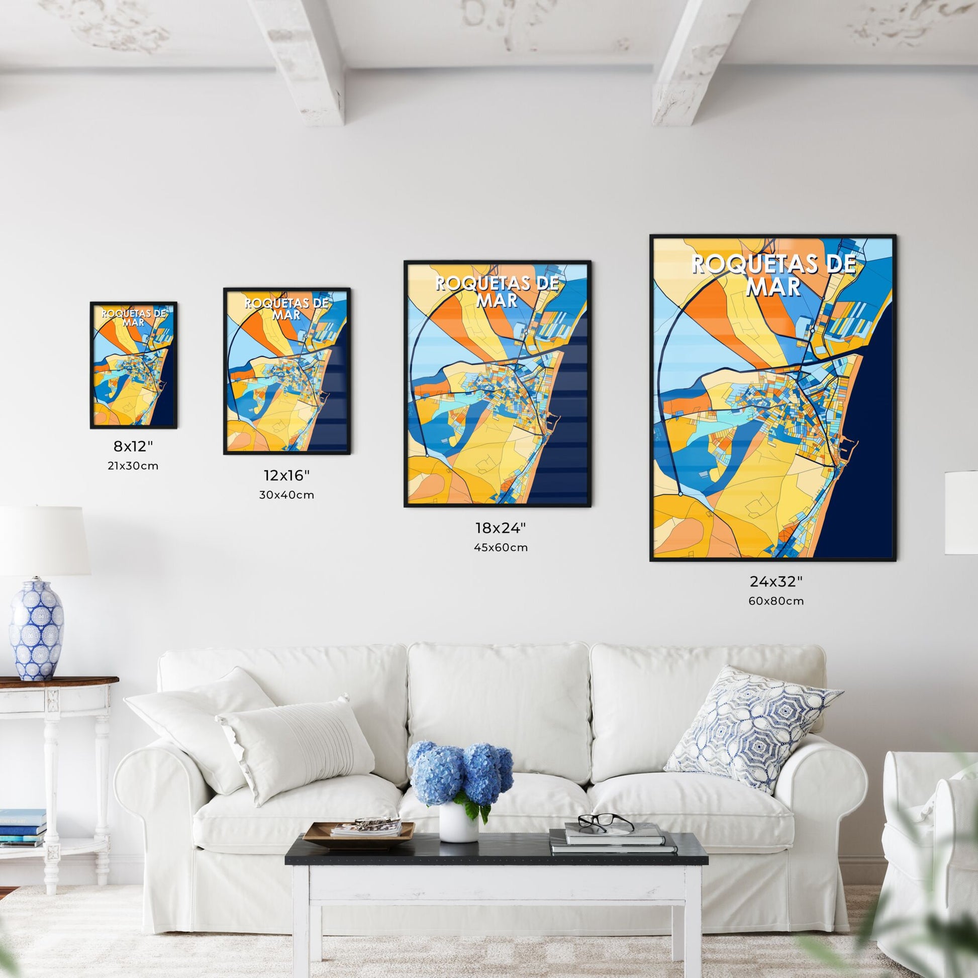 ROQUETAS DE MAR SPAIN Vibrant Colorful Art Map Poster Blue Orange