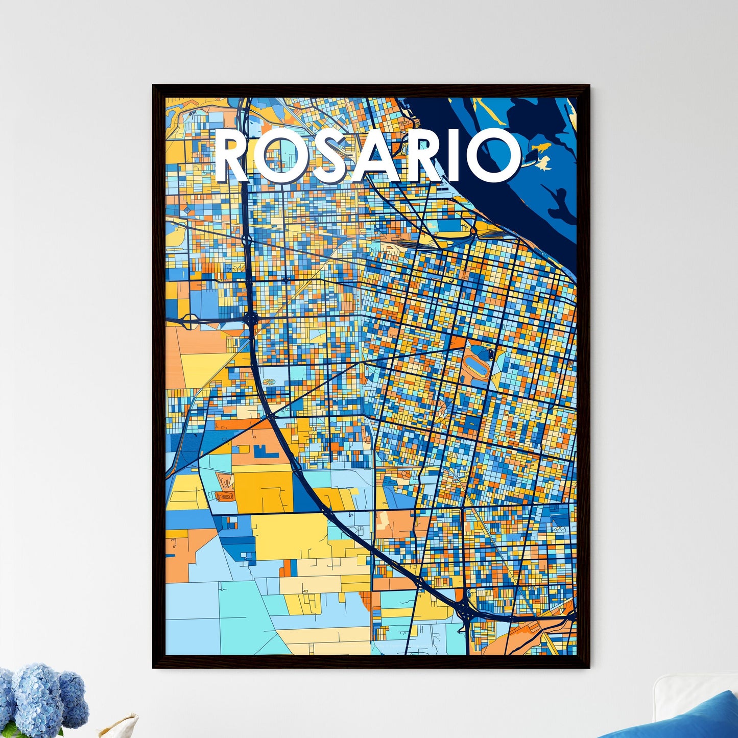 ROSARIO ARGENTINA Vibrant Colorful Art Map Poster Blue Orange