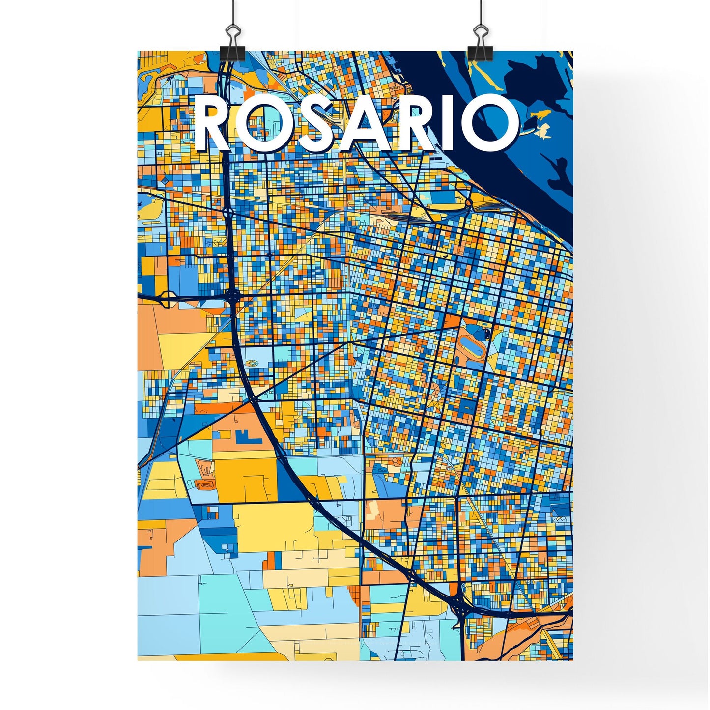 ROSARIO ARGENTINA Vibrant Colorful Art Map Poster Blue Orange