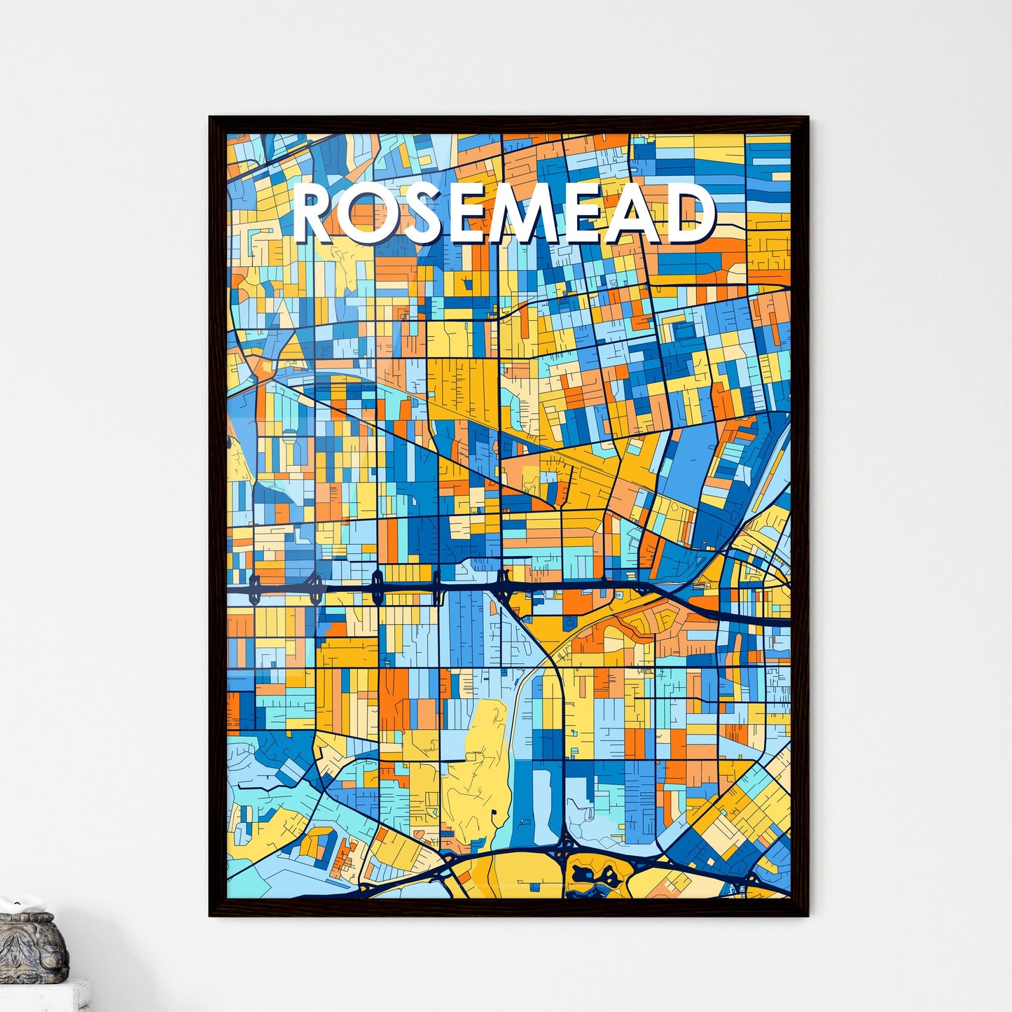 ROSEMEAD CALIFORNIA Vibrant Colorful Art Map Poster Blue Orange