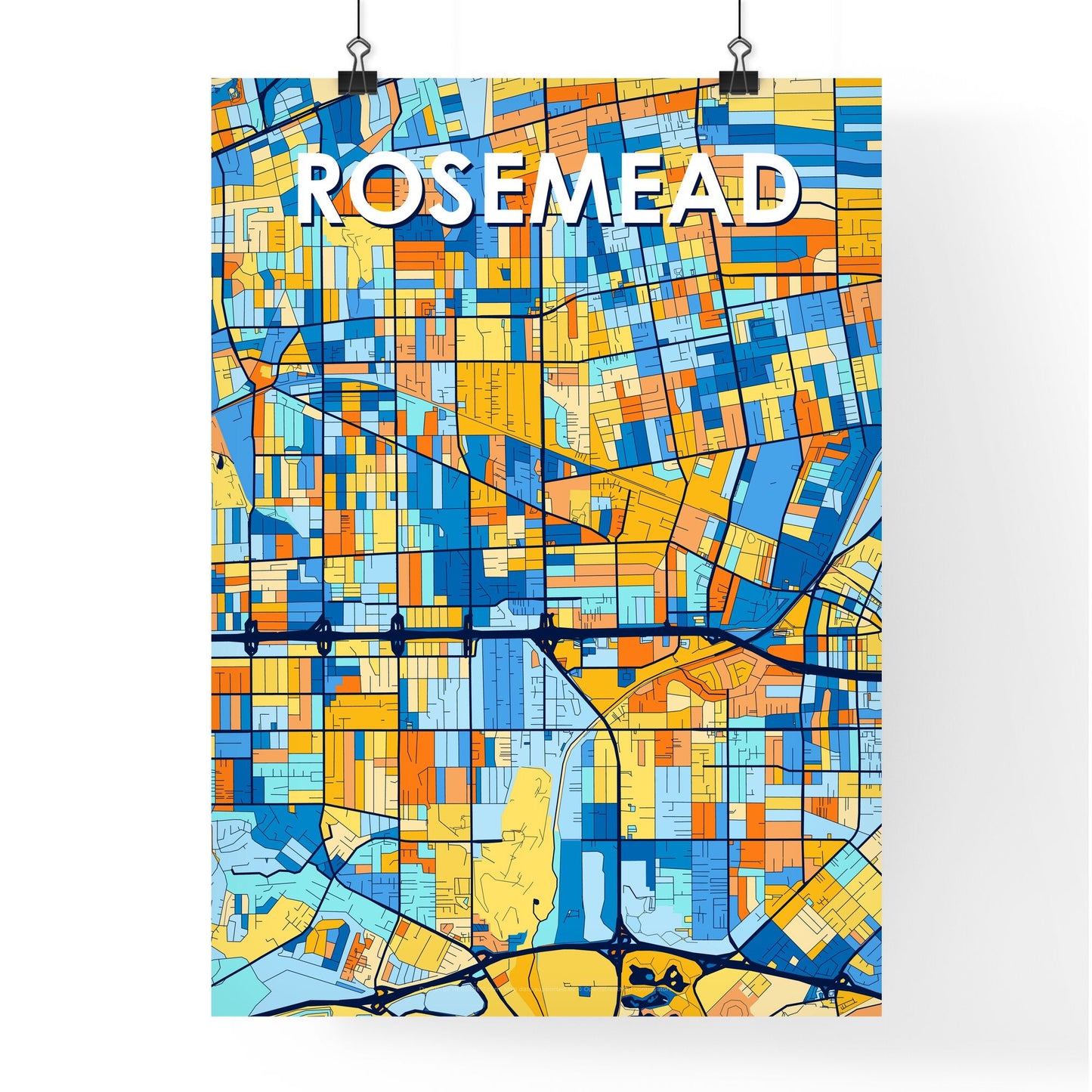 ROSEMEAD CALIFORNIA Vibrant Colorful Art Map Poster Blue Orange