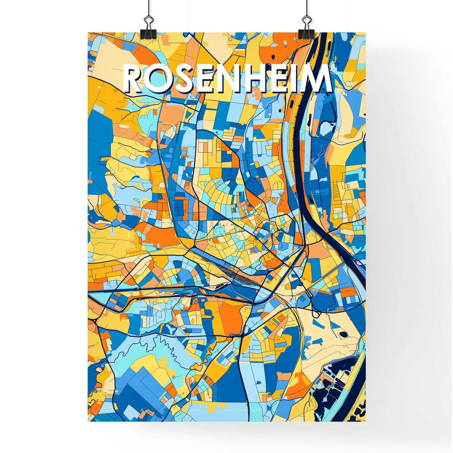 ROSENHEIM GERMANY Vibrant Colorful Art Map Poster Blue Orange