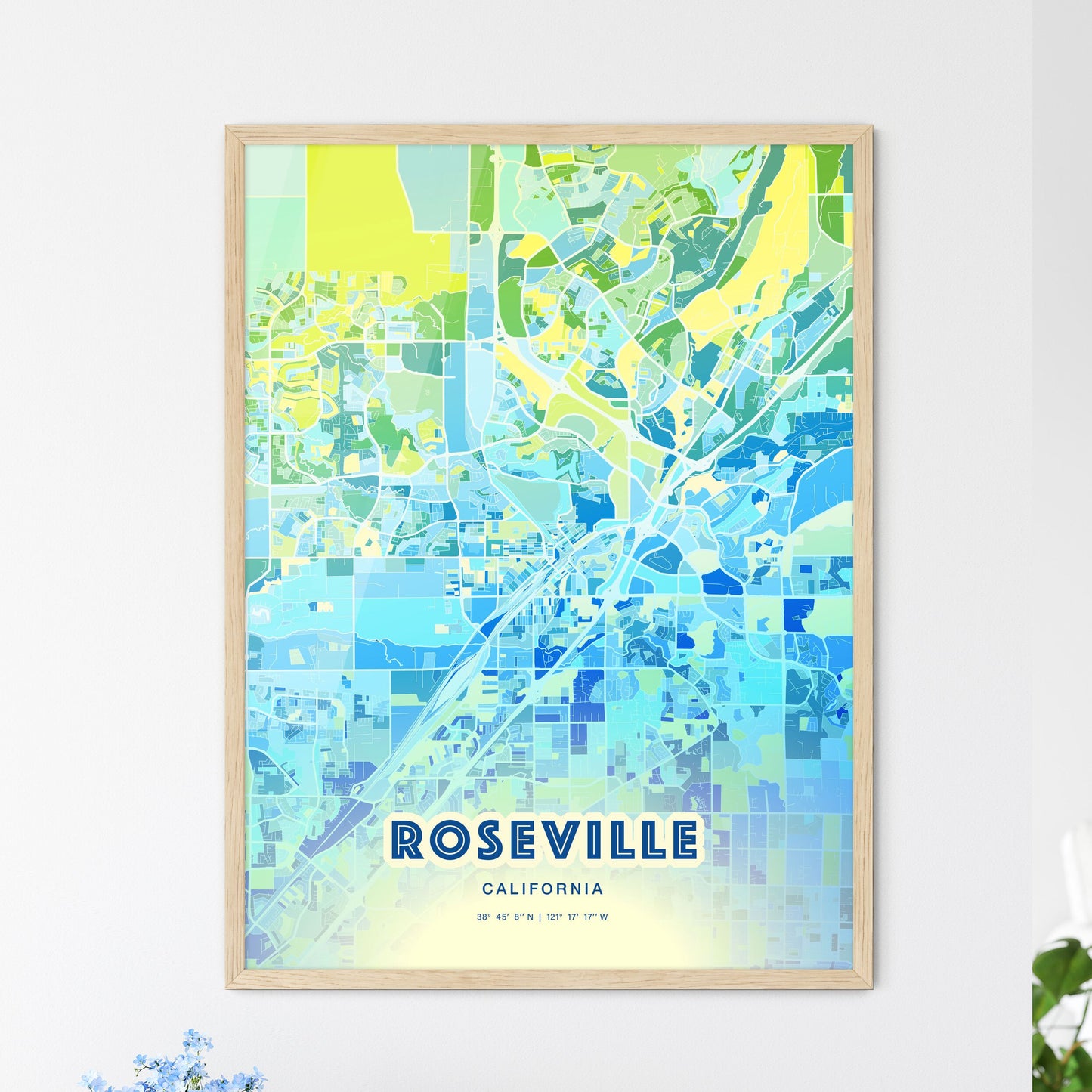 Colorful Roseville California Fine Art Map Cool Blue