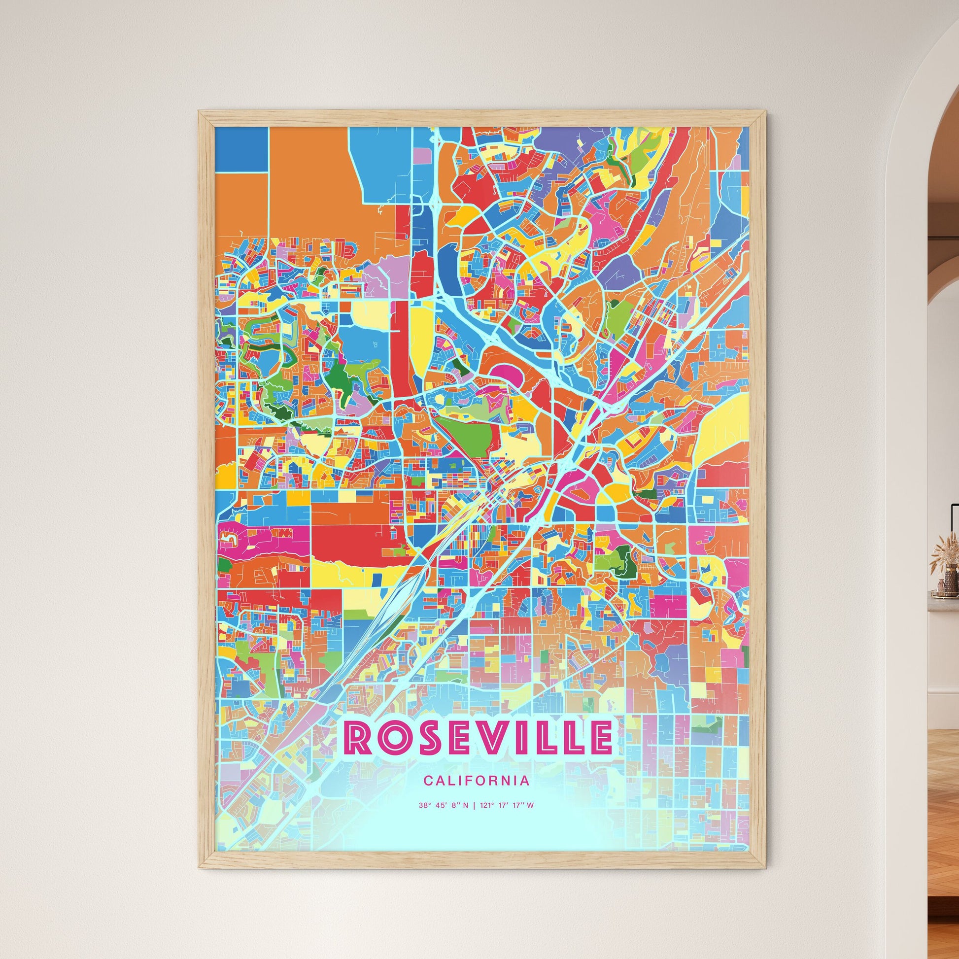 Colorful Roseville California Fine Art Map Crazy Colors