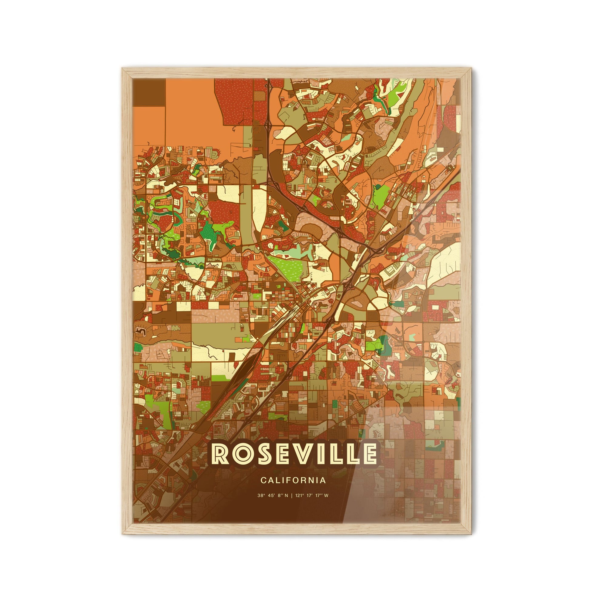 Colorful Roseville California Fine Art Map Farmhouse