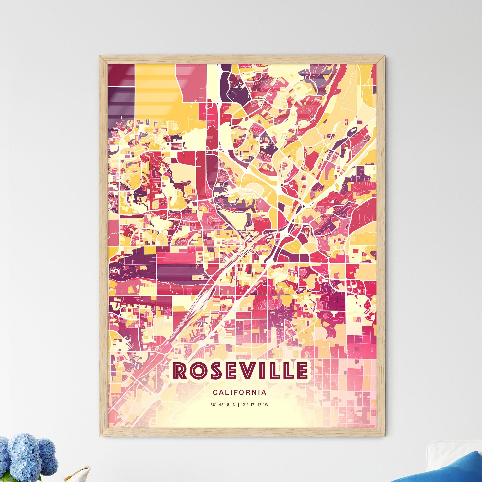 Colorful Roseville California Fine Art Map Hot Red