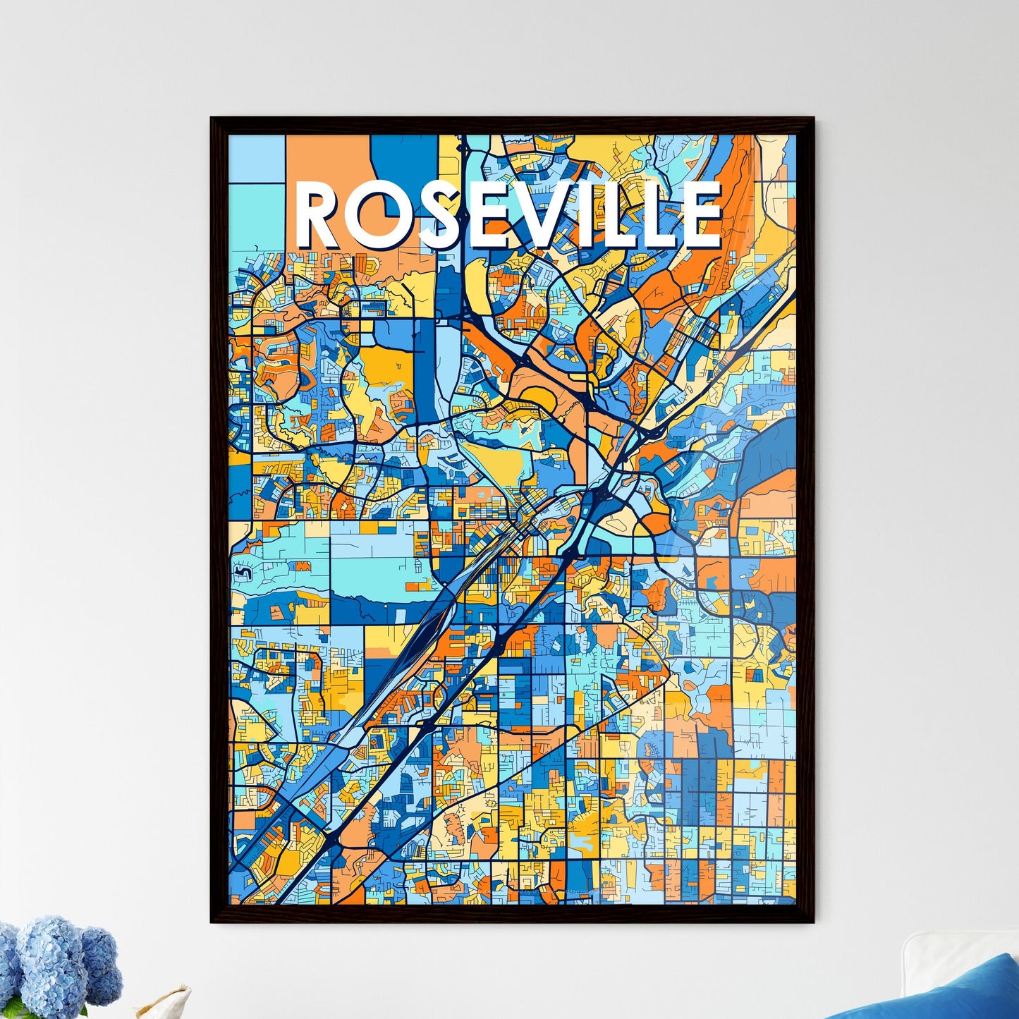 ROSEVILLE CALIFORNIA Vibrant Colorful Art Map Poster Blue Orange