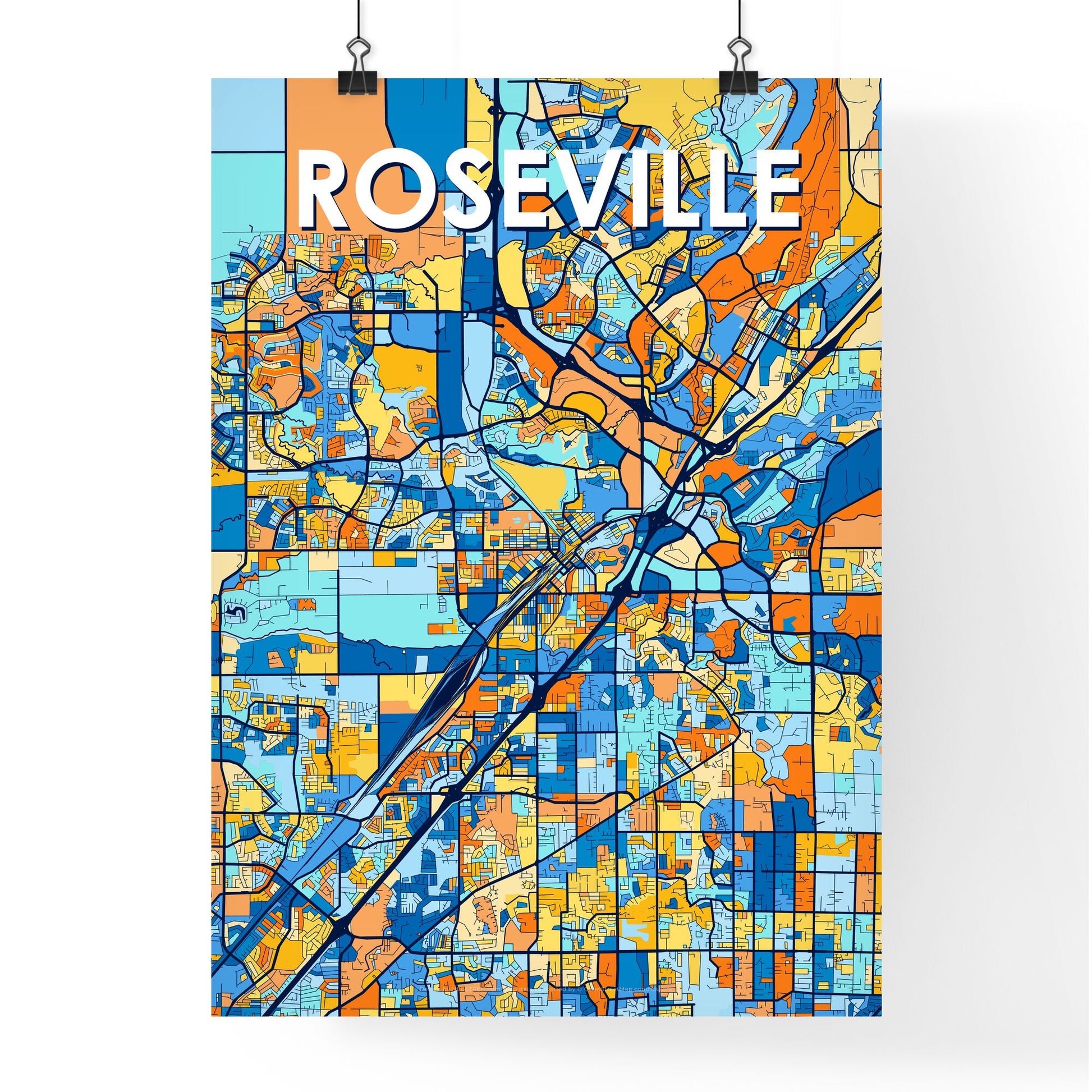 ROSEVILLE CALIFORNIA Vibrant Colorful Art Map Poster Blue Orange