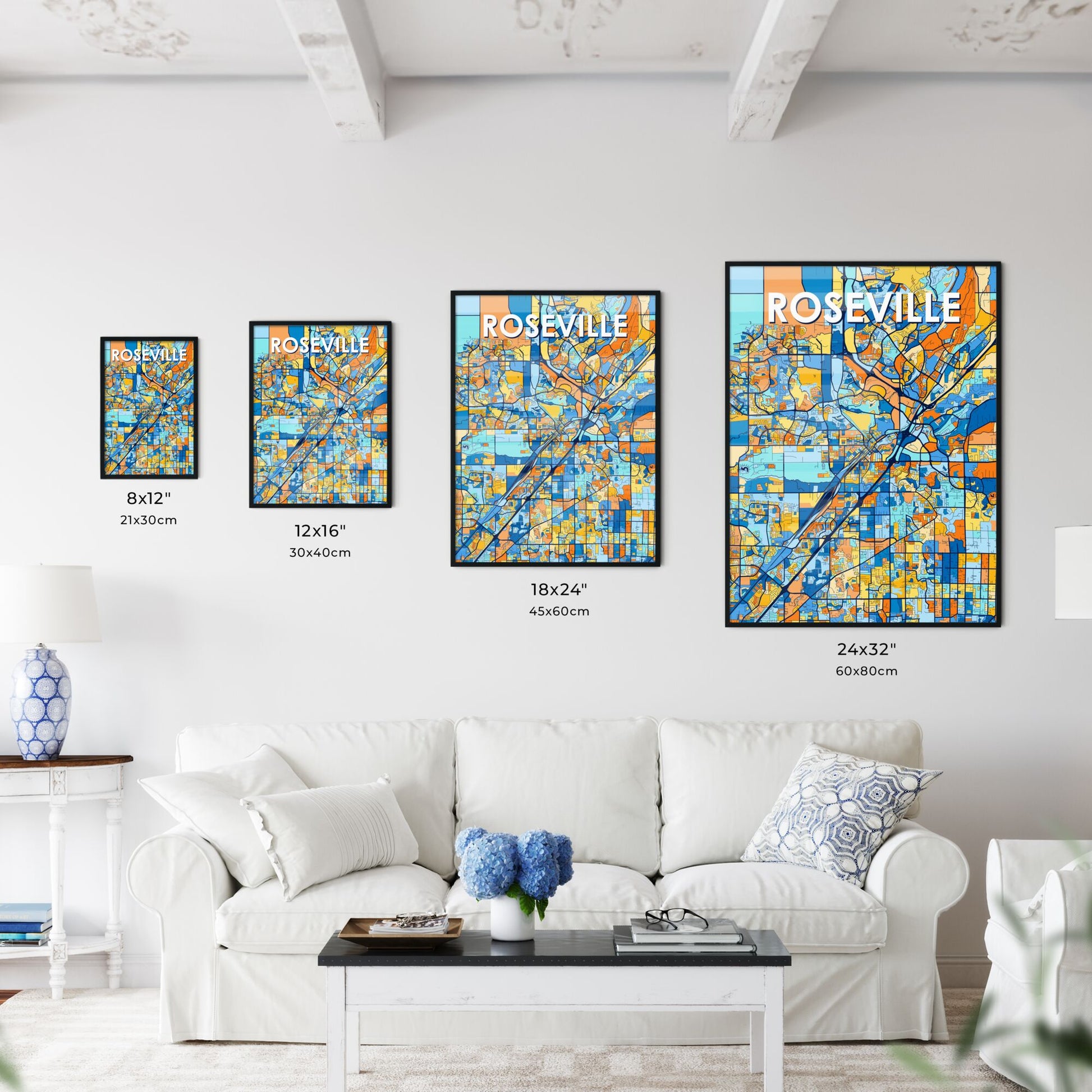 ROSEVILLE CALIFORNIA Vibrant Colorful Art Map Poster Blue Orange