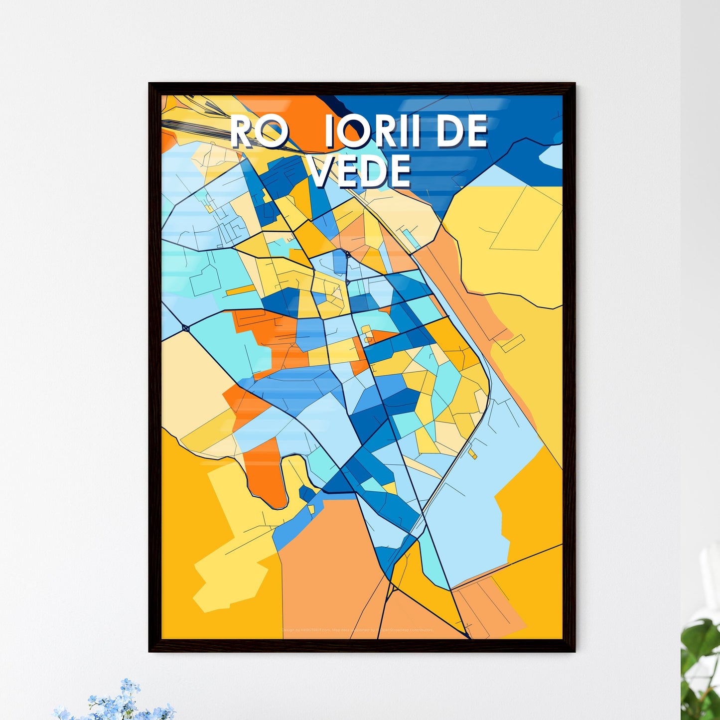 ROȘIORII DE VEDE ROMANIA Vibrant Colorful Art Map Poster Blue Orange