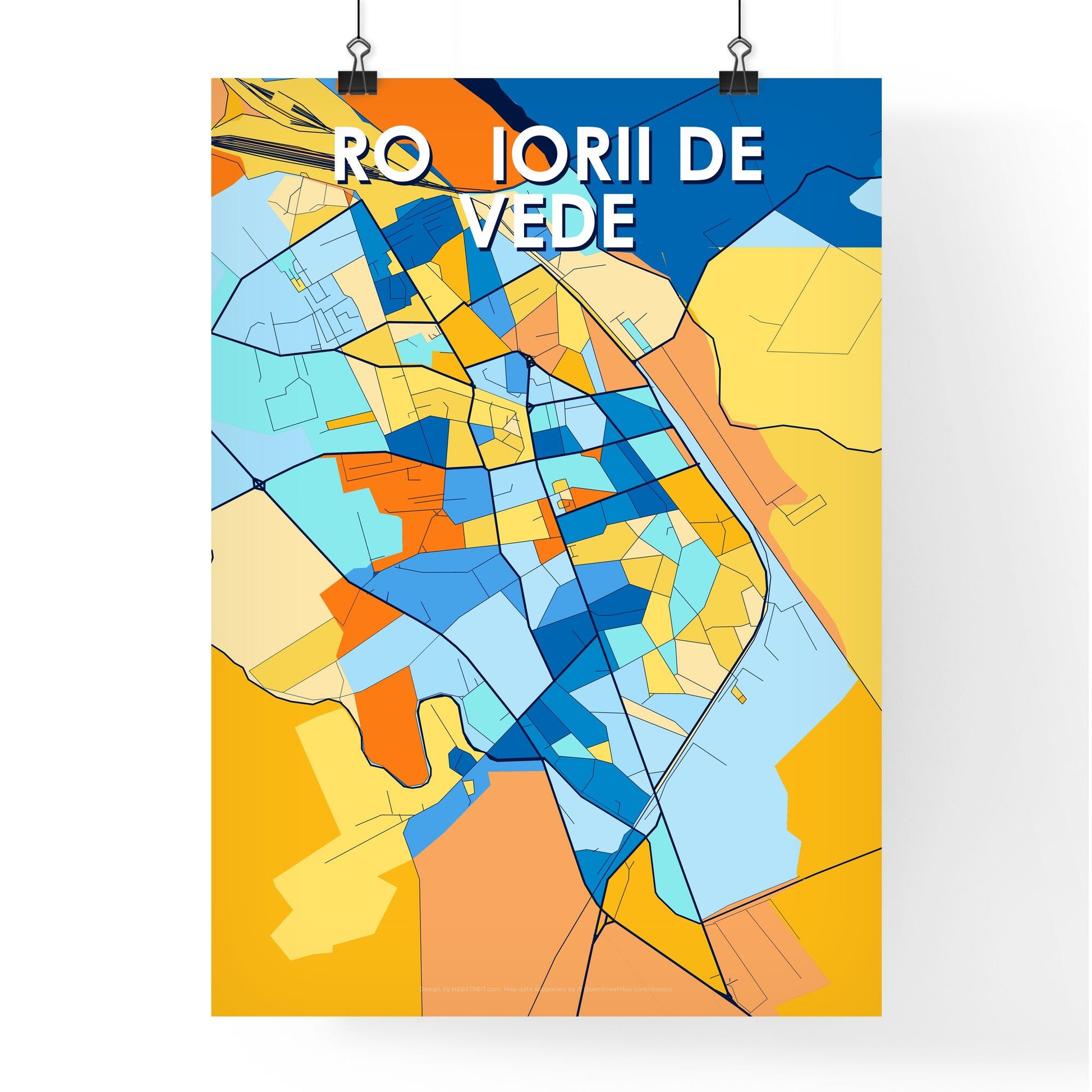 ROȘIORII DE VEDE ROMANIA Vibrant Colorful Art Map Poster Blue Orange