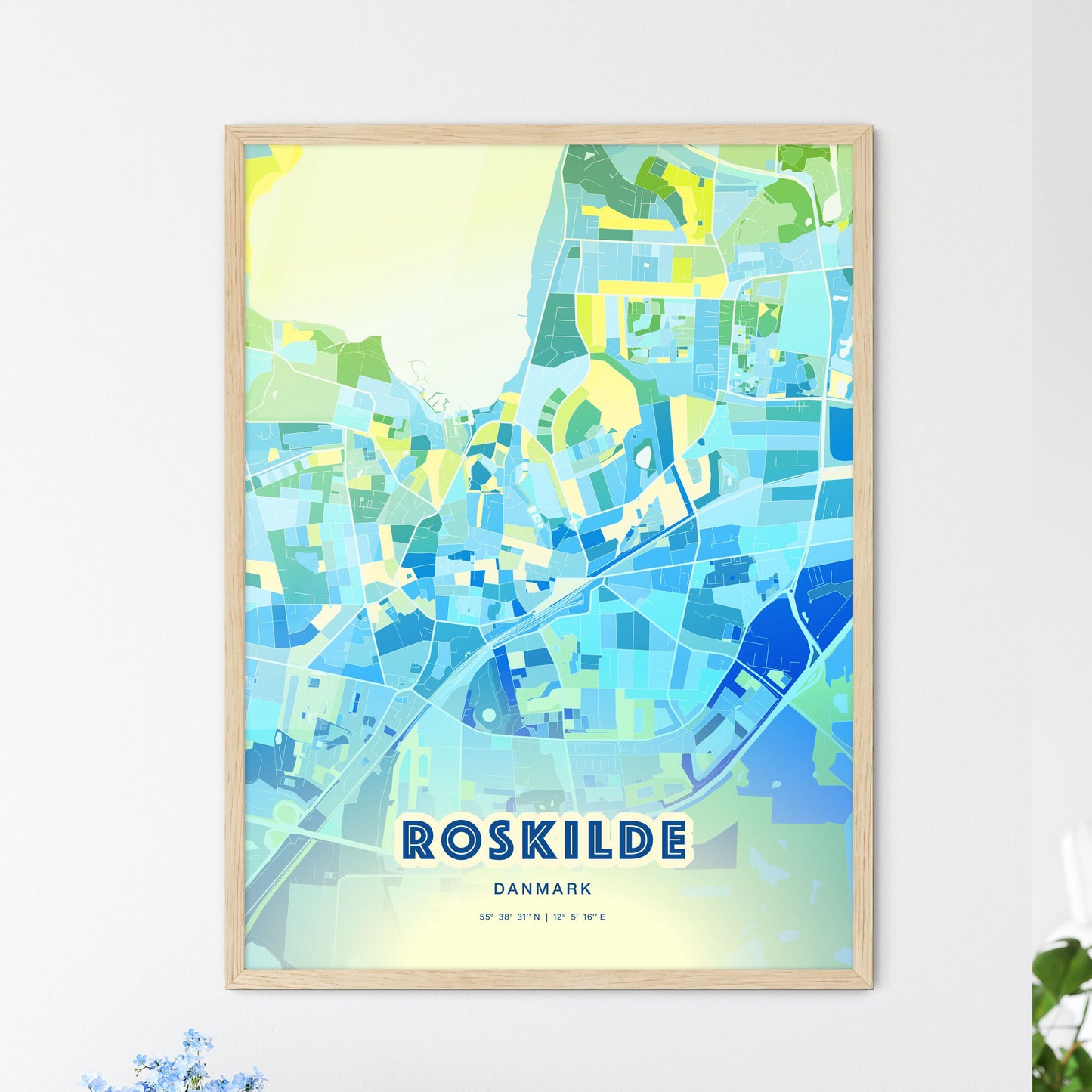 Colorful Roskilde Denmark Fine Art Map Cool Blue
