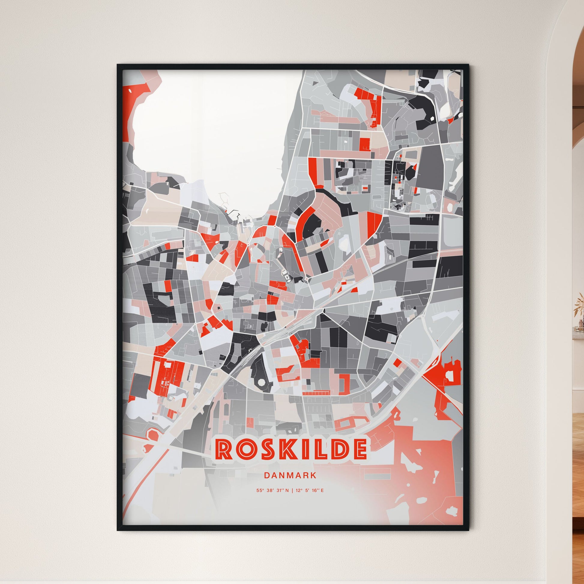 Colorful Roskilde Denmark Fine Art Map Modern Expressive