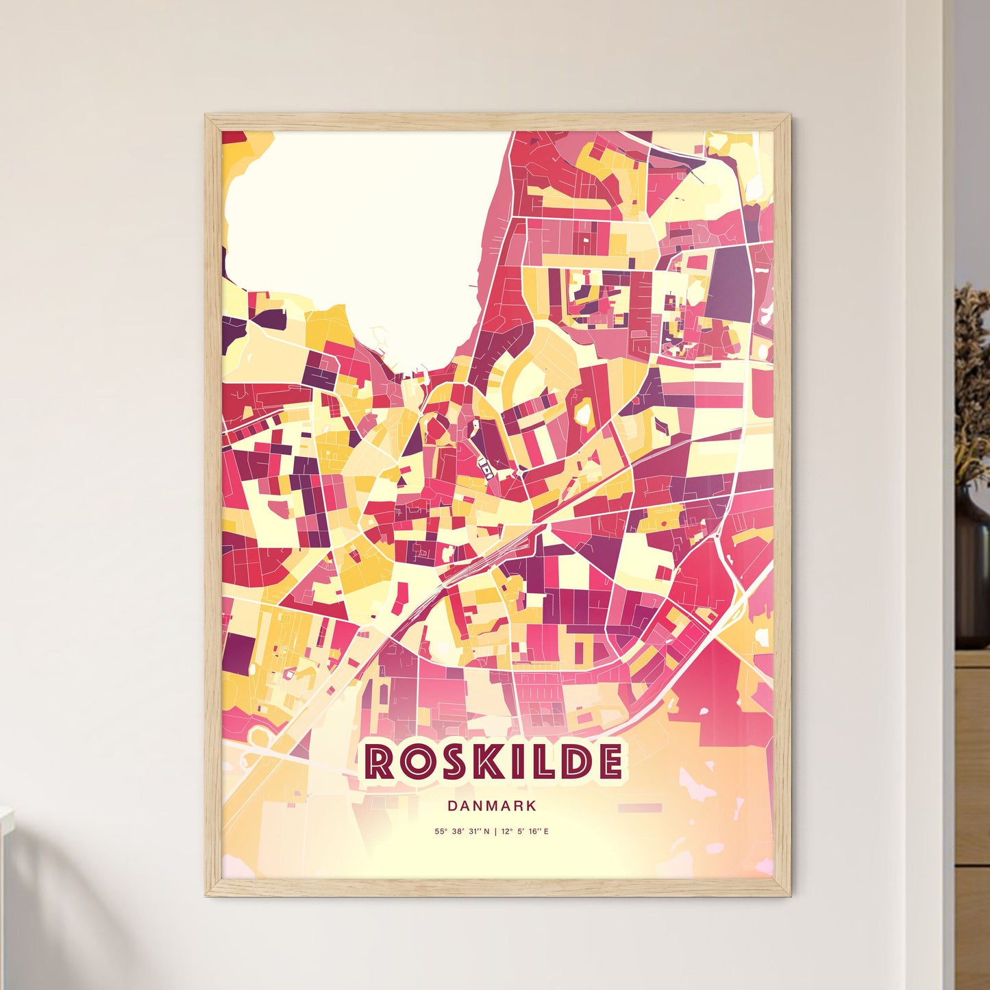 Colorful Roskilde Denmark Fine Art Map Hot Red