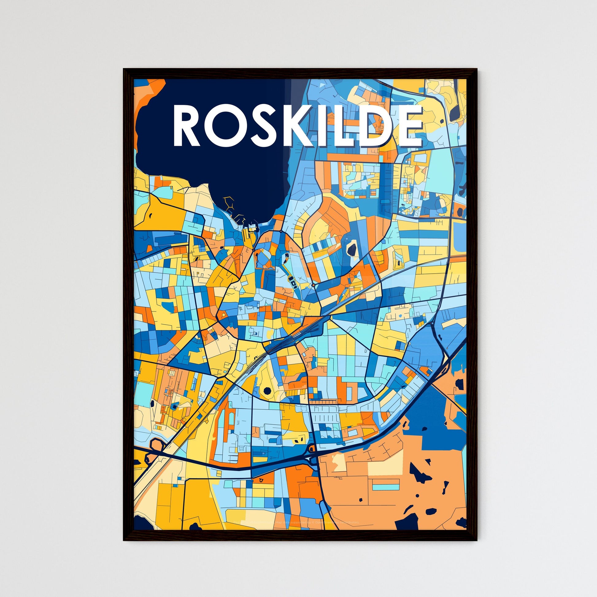 ROSKILDE DENMARK Vibrant Colorful Art Map Poster Blue Orange