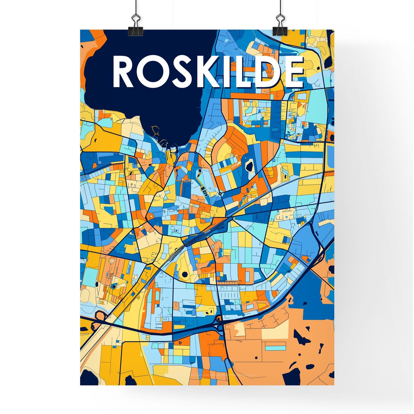 ROSKILDE DENMARK Vibrant Colorful Art Map Poster Blue Orange