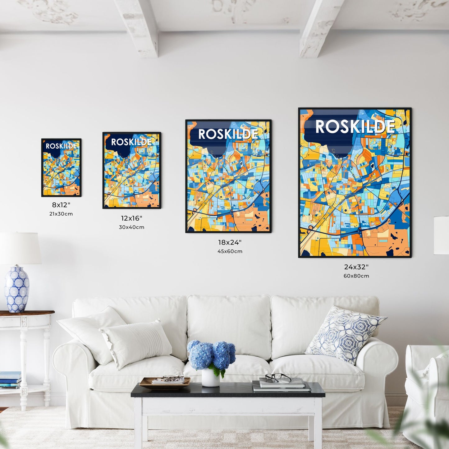 ROSKILDE DENMARK Vibrant Colorful Art Map Poster Blue Orange