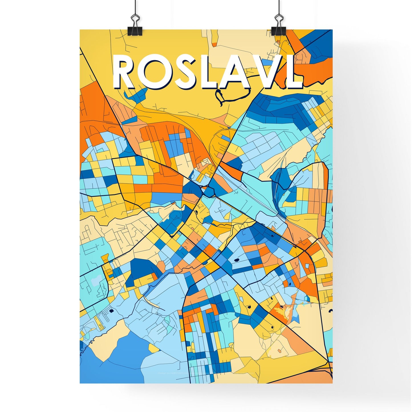 ROSLAVL RUSSIA Vibrant Colorful Art Map Poster Blue Orange