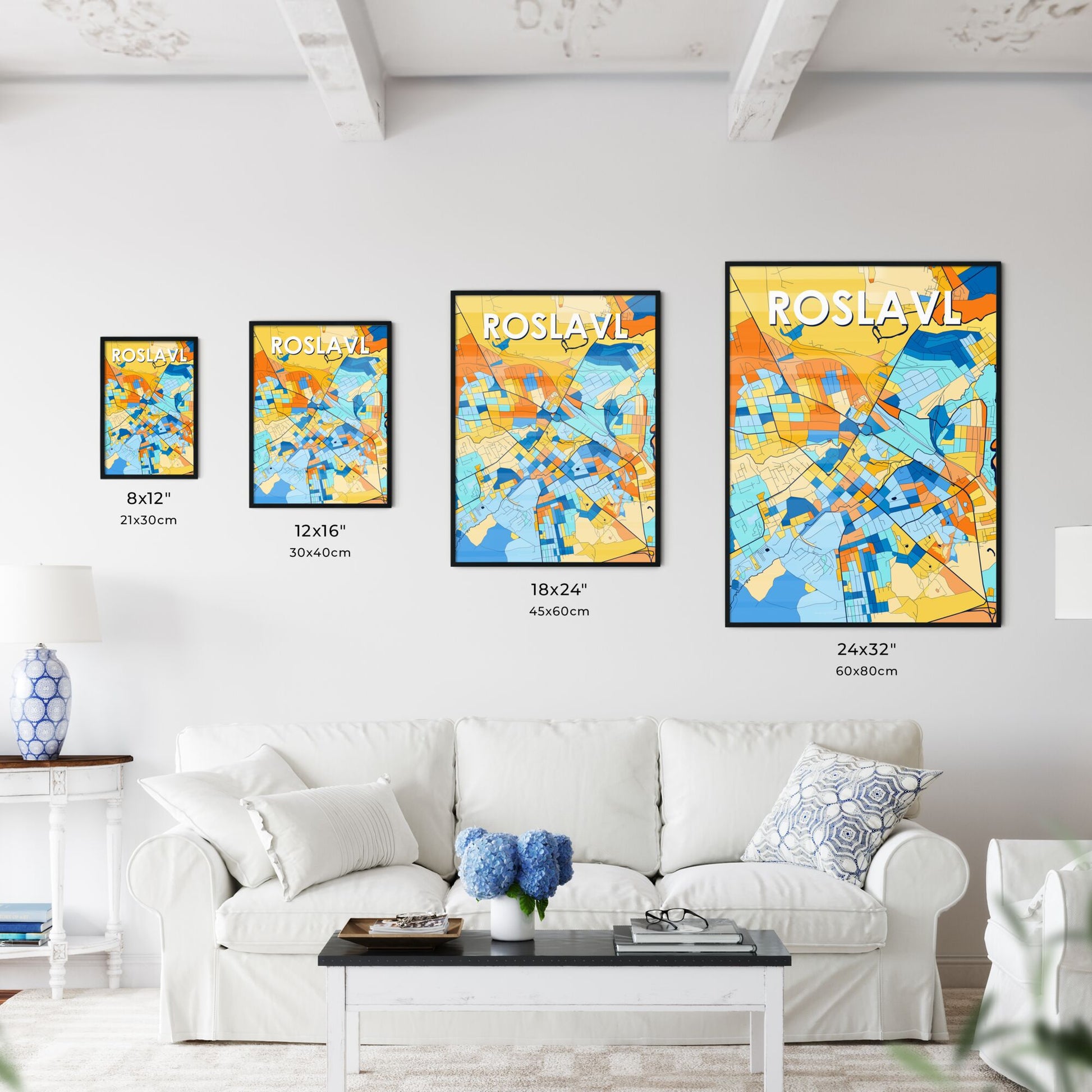 ROSLAVL RUSSIA Vibrant Colorful Art Map Poster Blue Orange