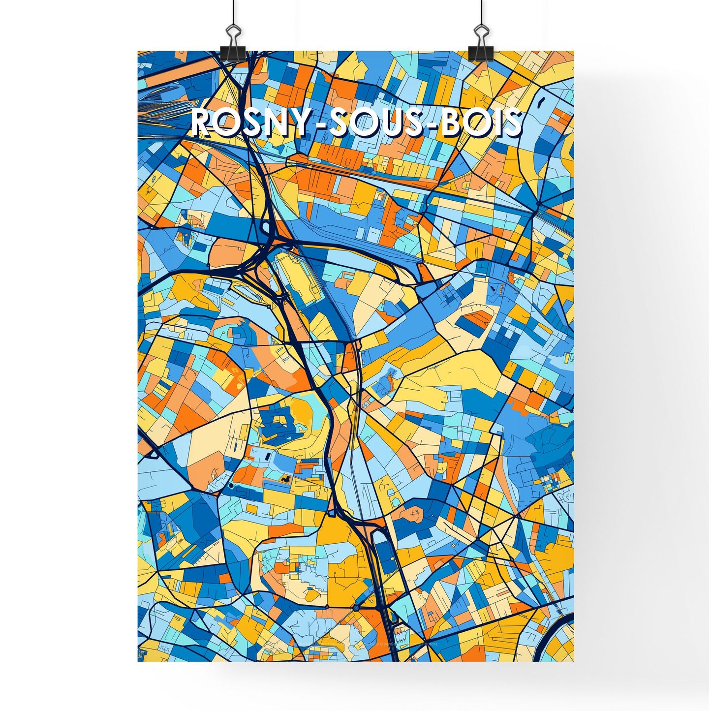 ROSNY-SOUS-BOIS FRANCE Vibrant Colorful Art Map Poster Blue Orange