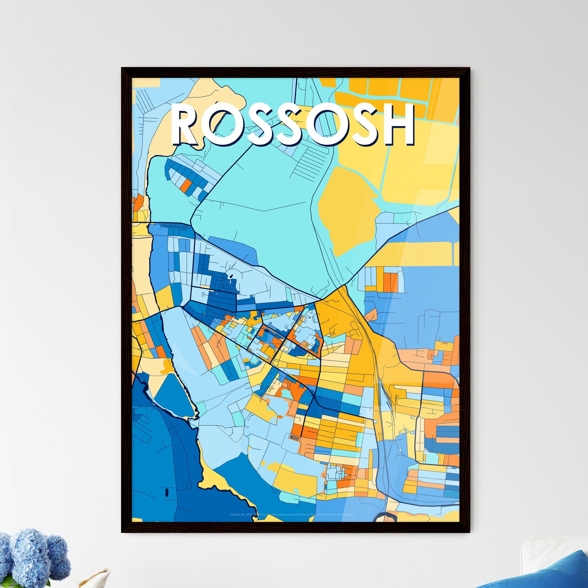 ROSSOSH RUSSIA Vibrant Colorful Art Map Poster Blue Orange