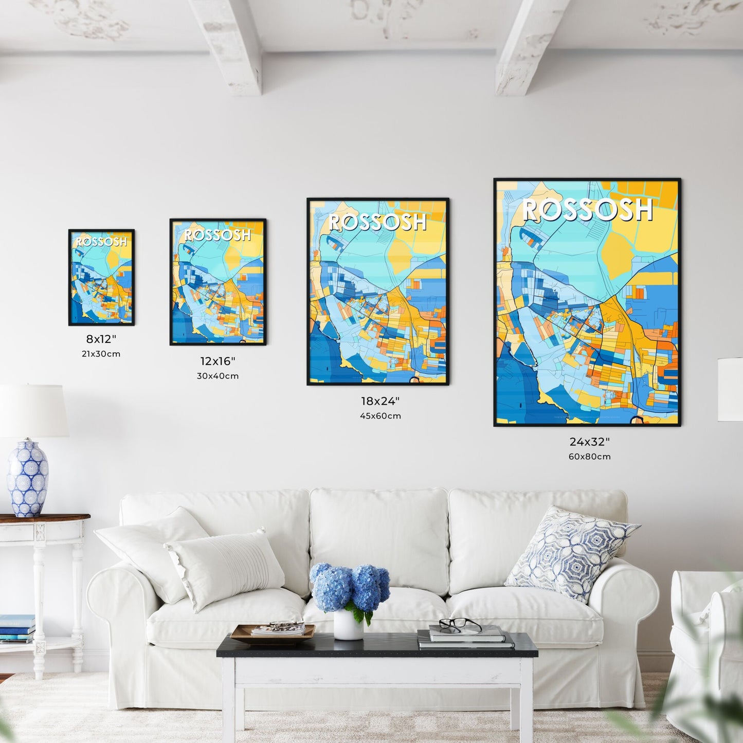 ROSSOSH RUSSIA Vibrant Colorful Art Map Poster Blue Orange