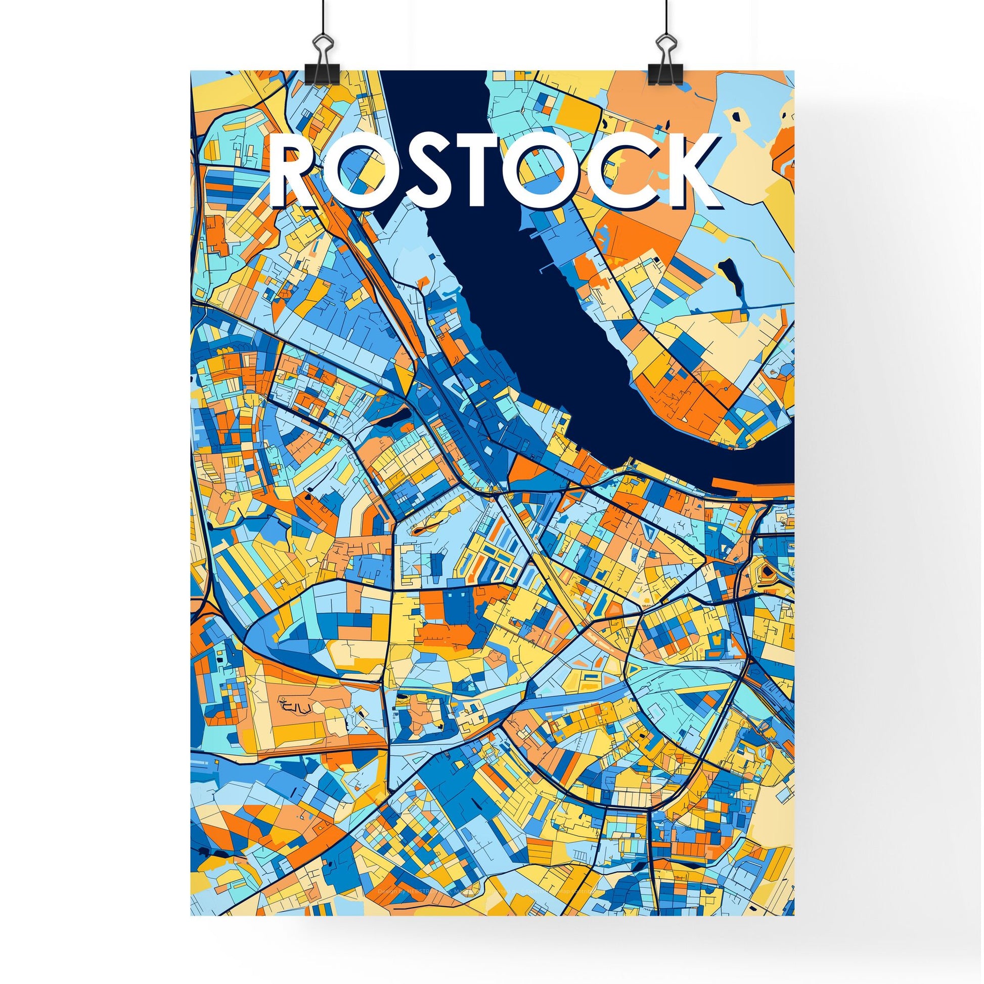 ROSTOCK GERMANY Vibrant Colorful Art Map Poster Blue Orange