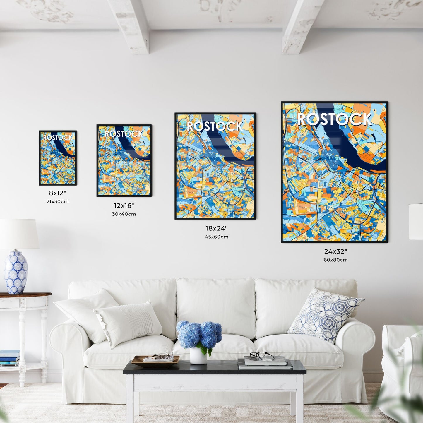 ROSTOCK GERMANY Vibrant Colorful Art Map Poster Blue Orange