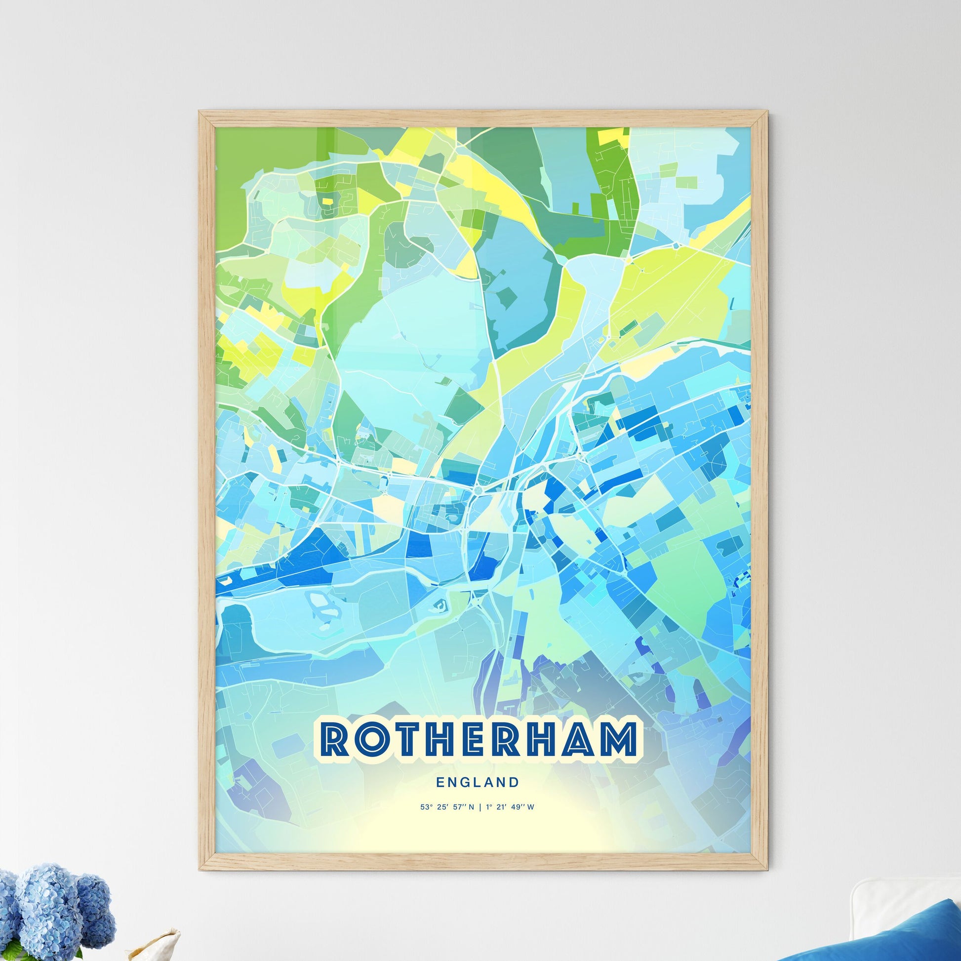 Colorful Rotherham England Fine Art Map Cool Blue
