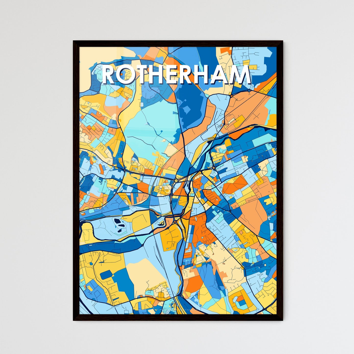 ROTHERHAM ENGLAND Vibrant Colorful Art Map Poster Blue Orange