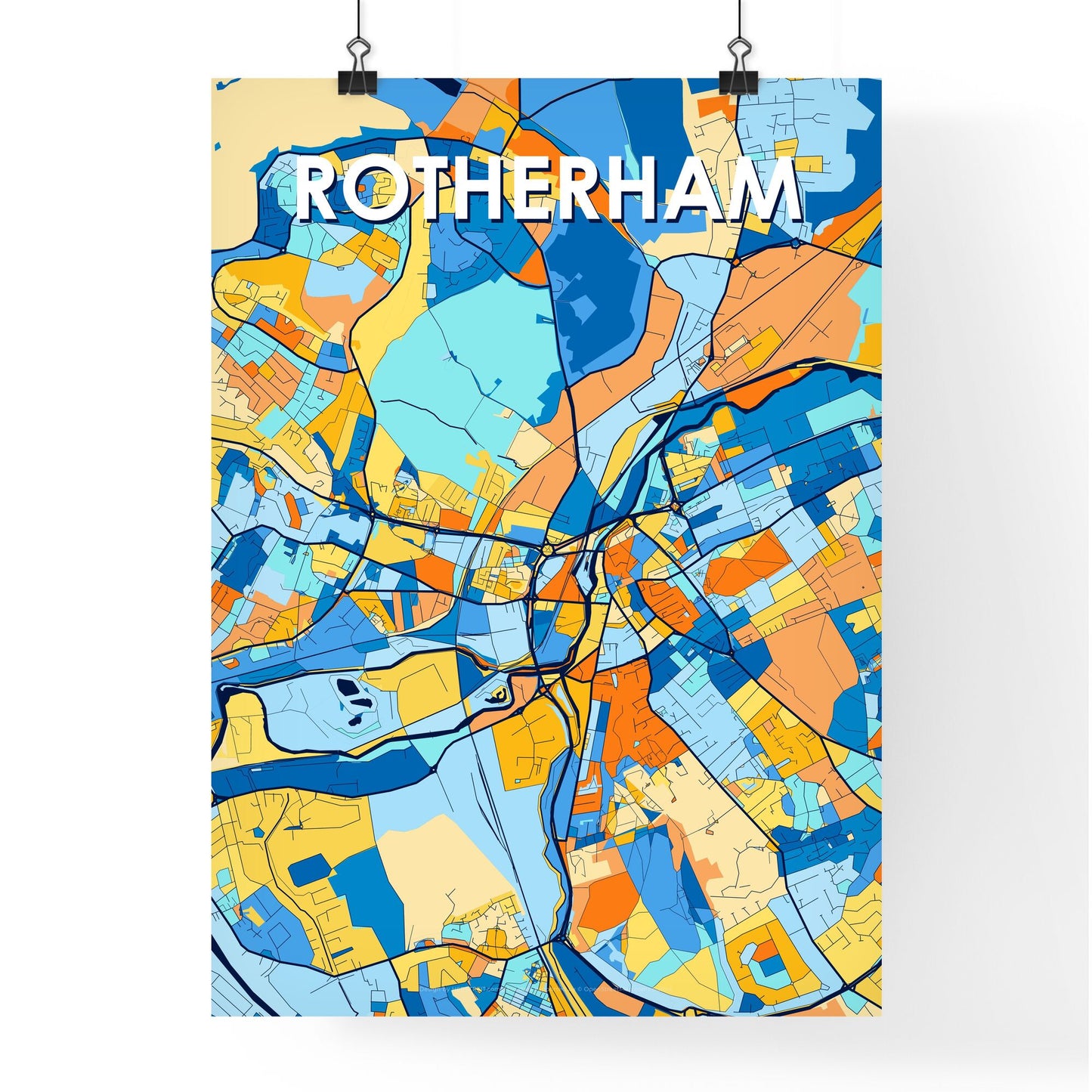 ROTHERHAM ENGLAND Vibrant Colorful Art Map Poster Blue Orange