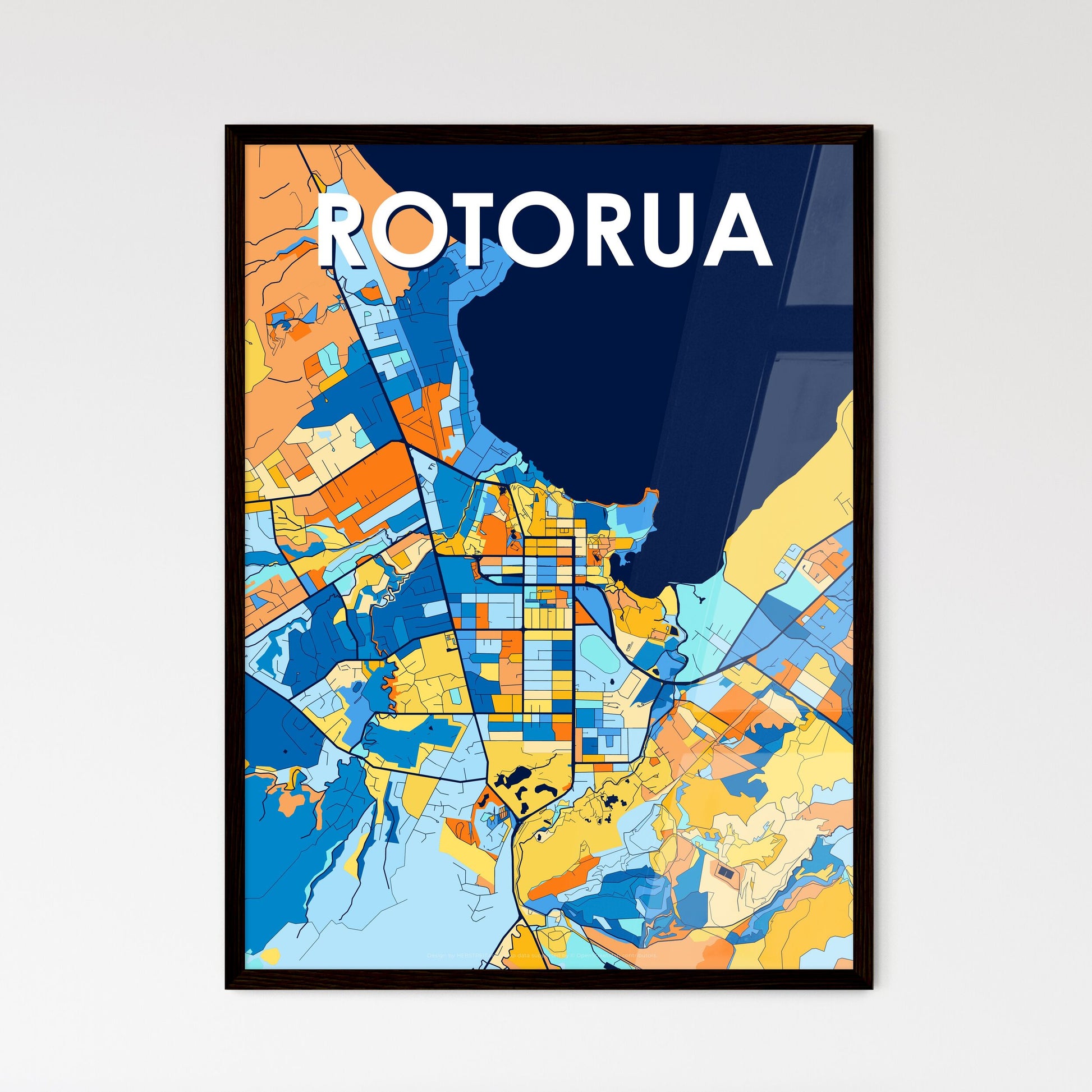 ROTORUA NEW ZEALAND Vibrant Colorful Art Map Poster Blue Orange