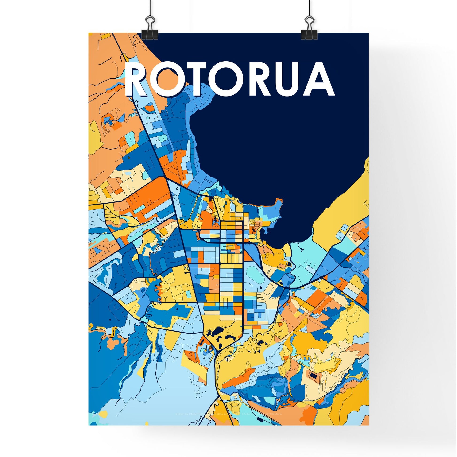 ROTORUA NEW ZEALAND Vibrant Colorful Art Map Poster Blue Orange