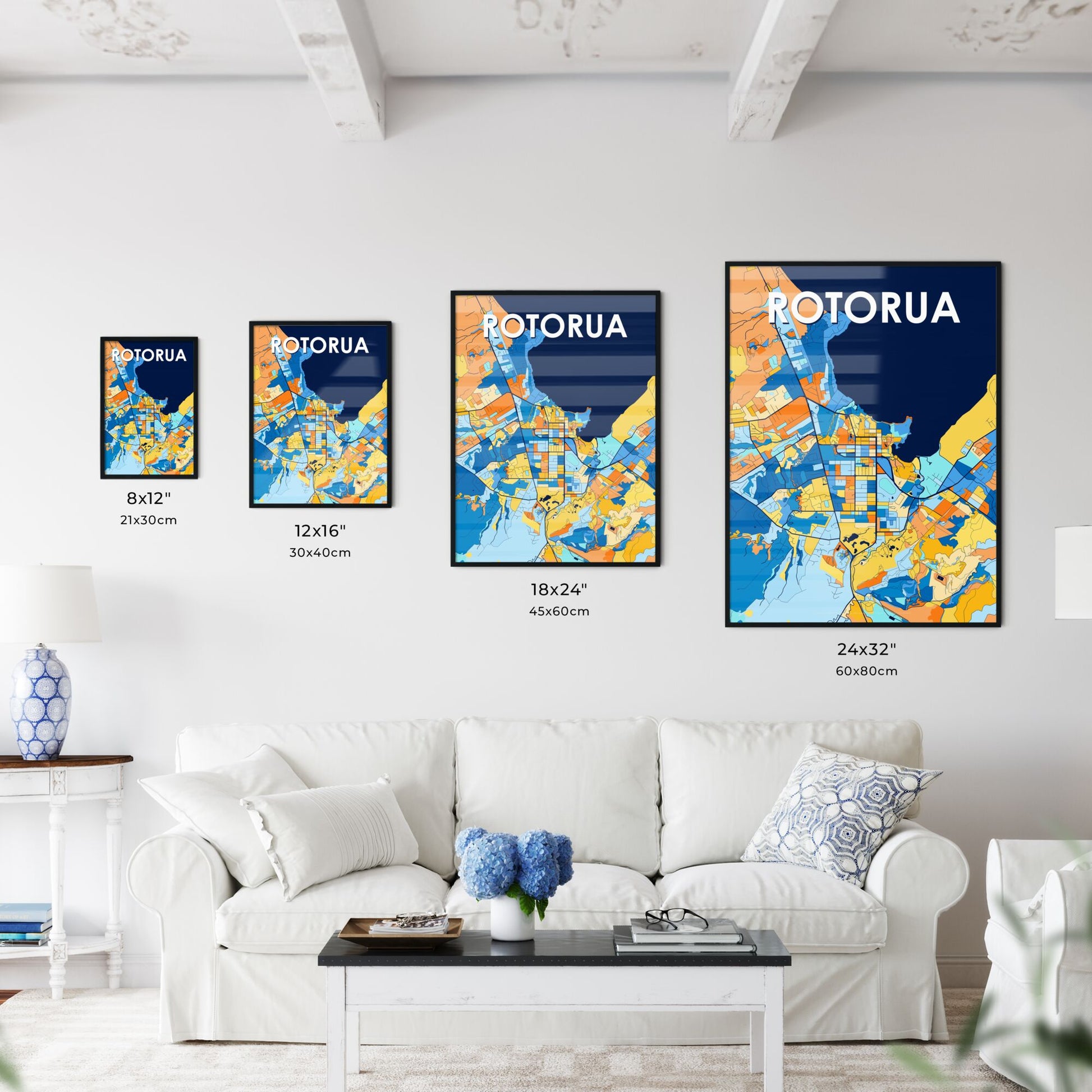 ROTORUA NEW ZEALAND Vibrant Colorful Art Map Poster Blue Orange