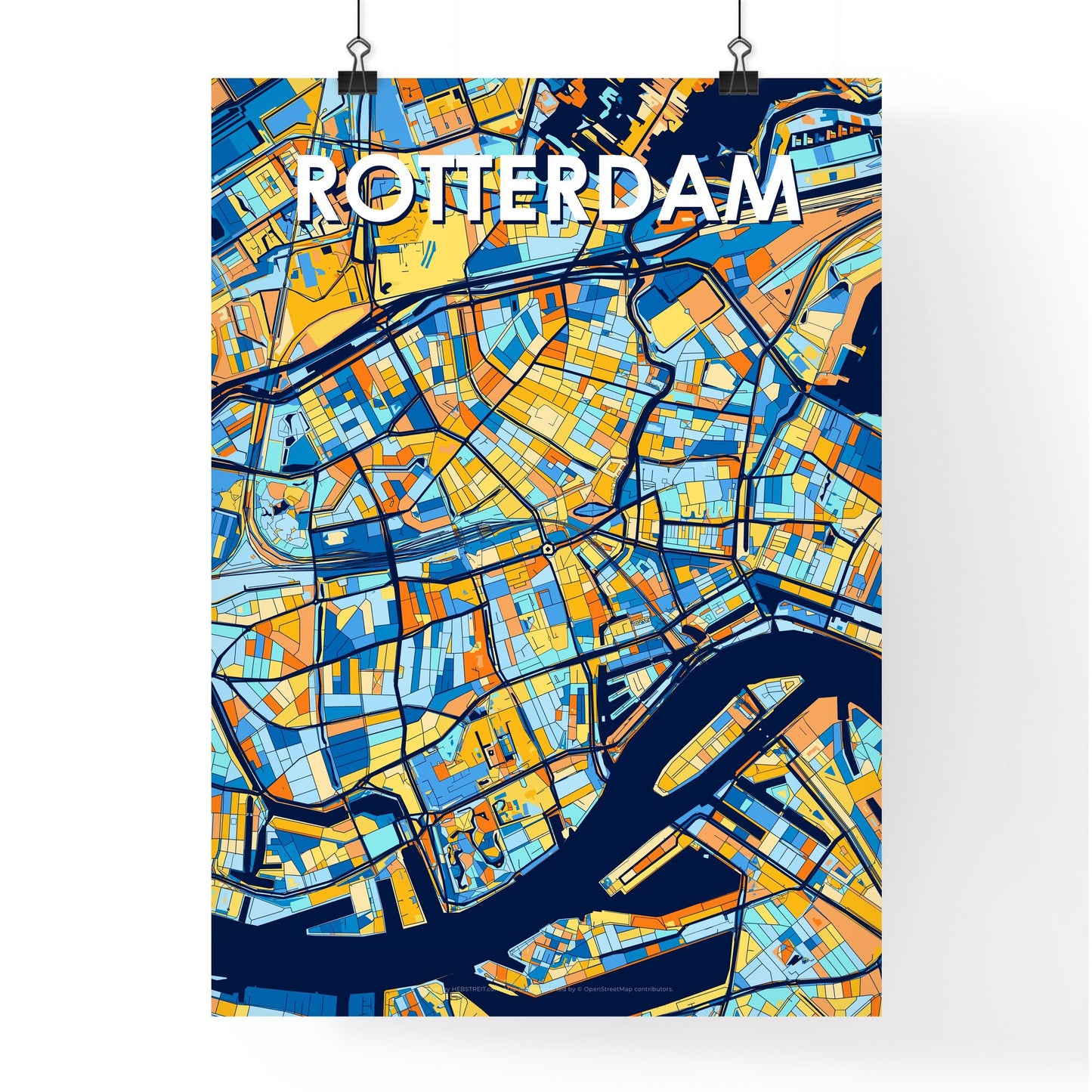 ROTTERDAM NETHERLANDS Vibrant Colorful Art Map Poster Blue Orange