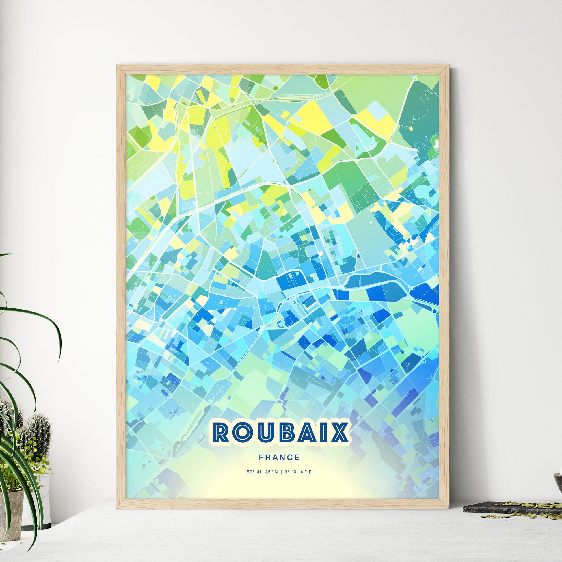Colorful Roubaix France Fine Art Map Cool Blue