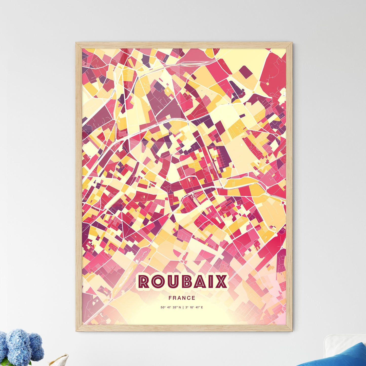 Colorful Roubaix France Fine Art Map Hot Red