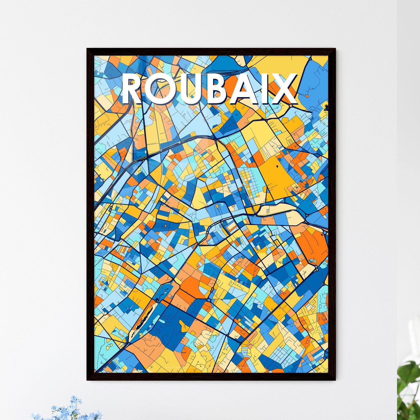 ROUBAIX FRANCE Vibrant Colorful Art Map Poster Blue Orange