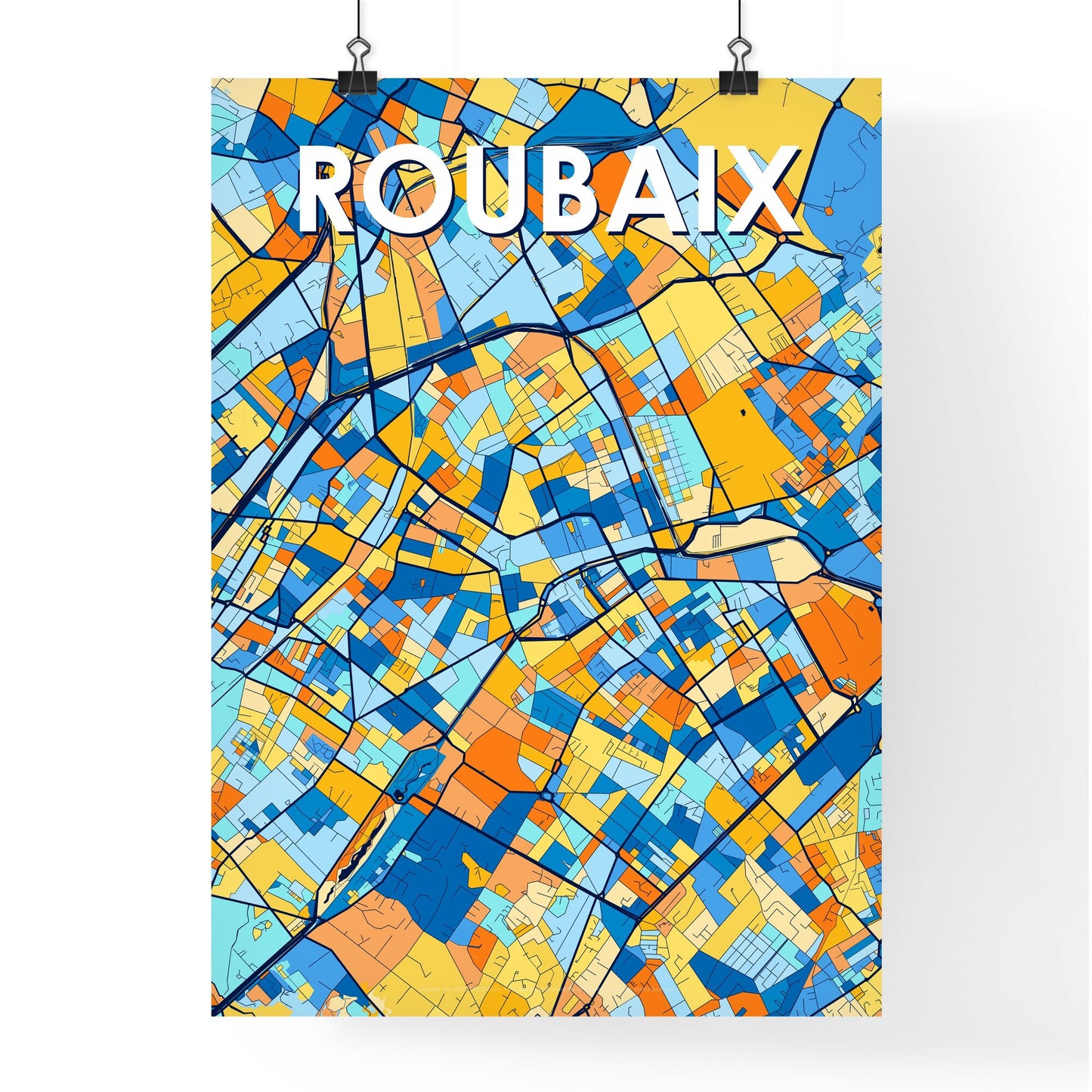 ROUBAIX FRANCE Vibrant Colorful Art Map Poster Blue Orange