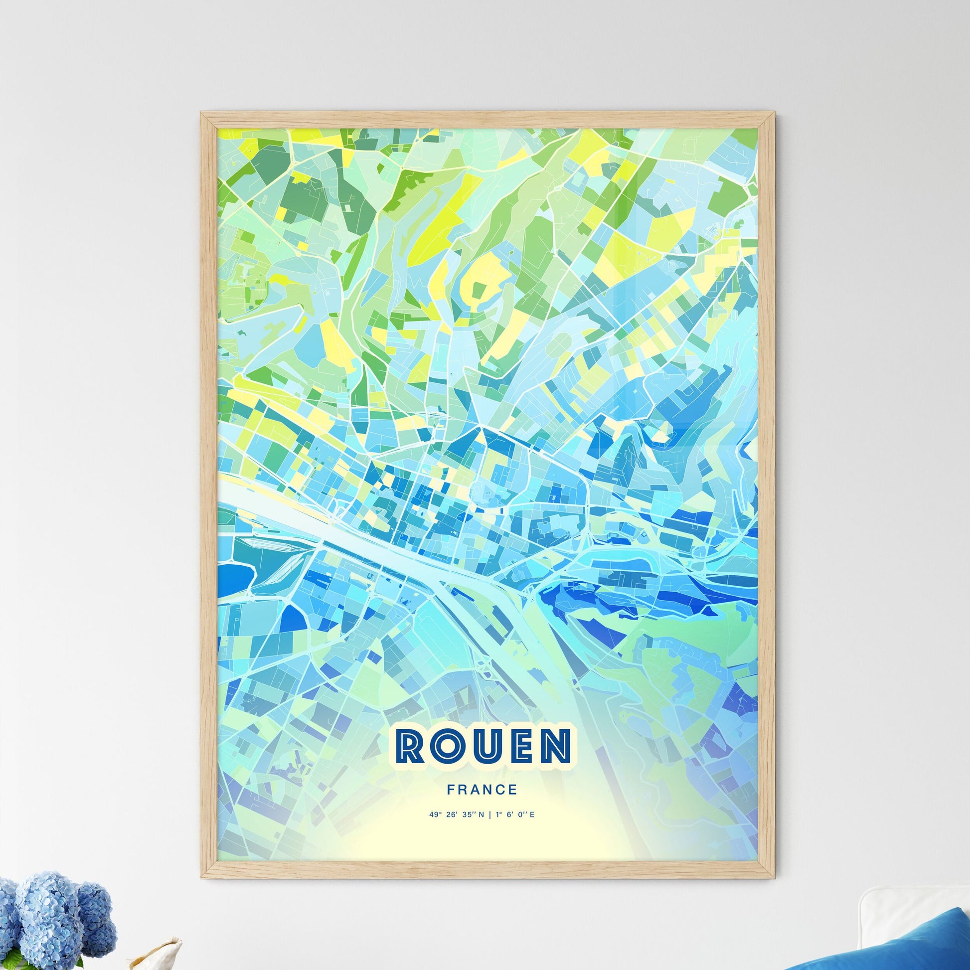 Colorful Rouen France Fine Art Map Cool Blue