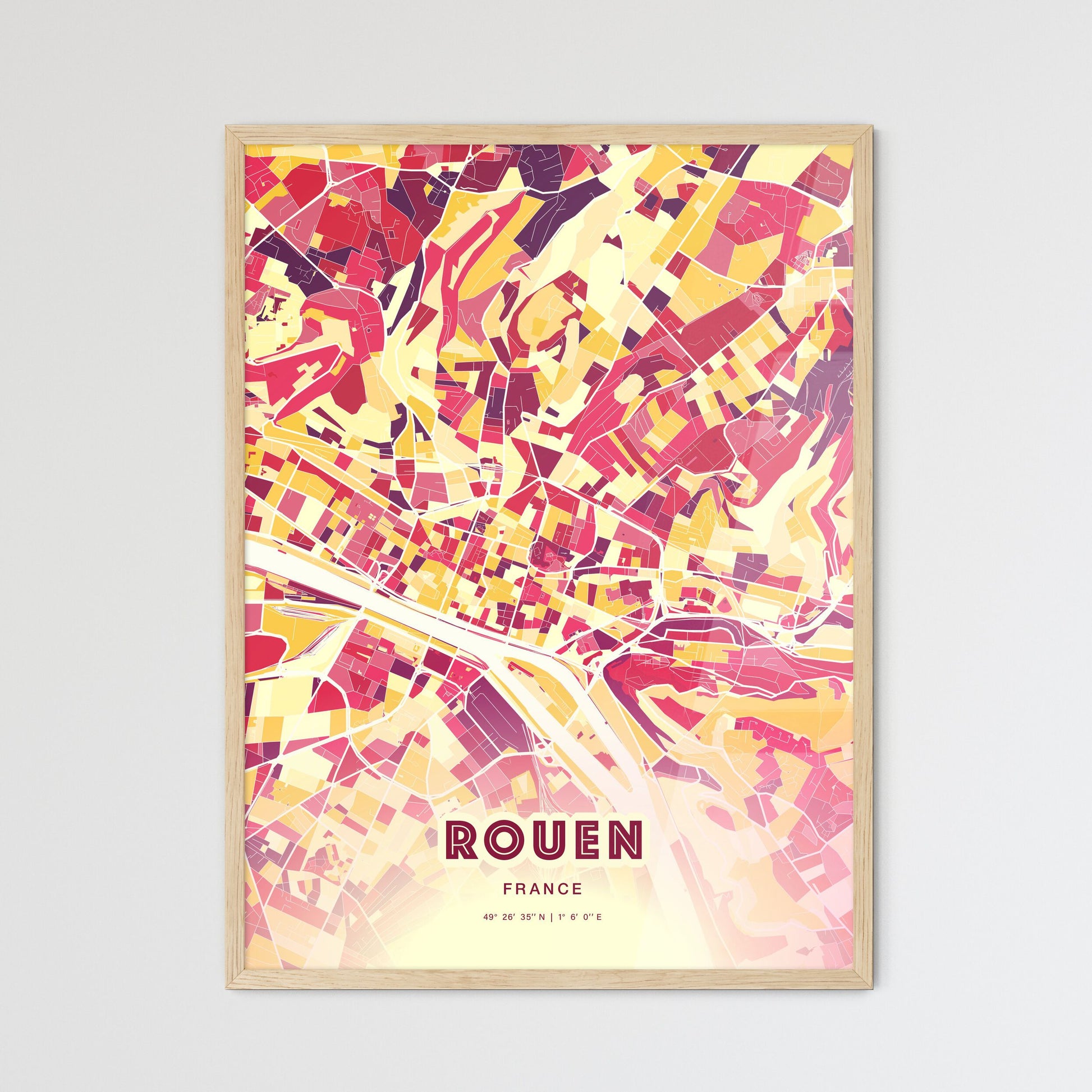 Colorful Rouen France Fine Art Map Hot Red