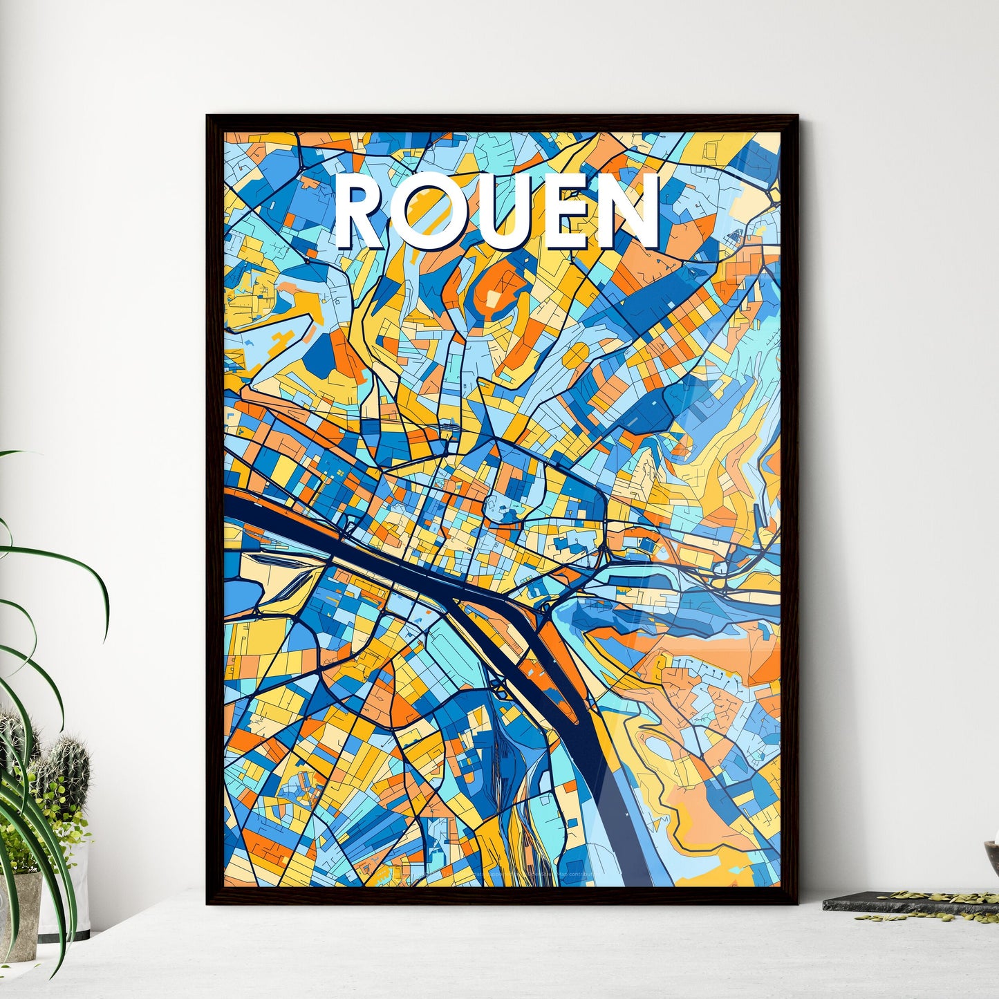 ROUEN FRANCE Vibrant Colorful Art Map Poster Blue Orange