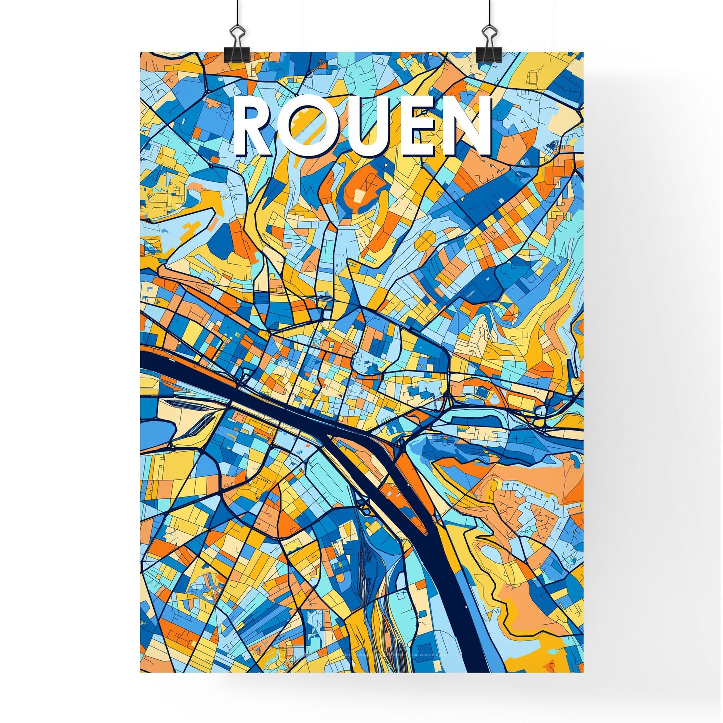 ROUEN FRANCE Vibrant Colorful Art Map Poster Blue Orange