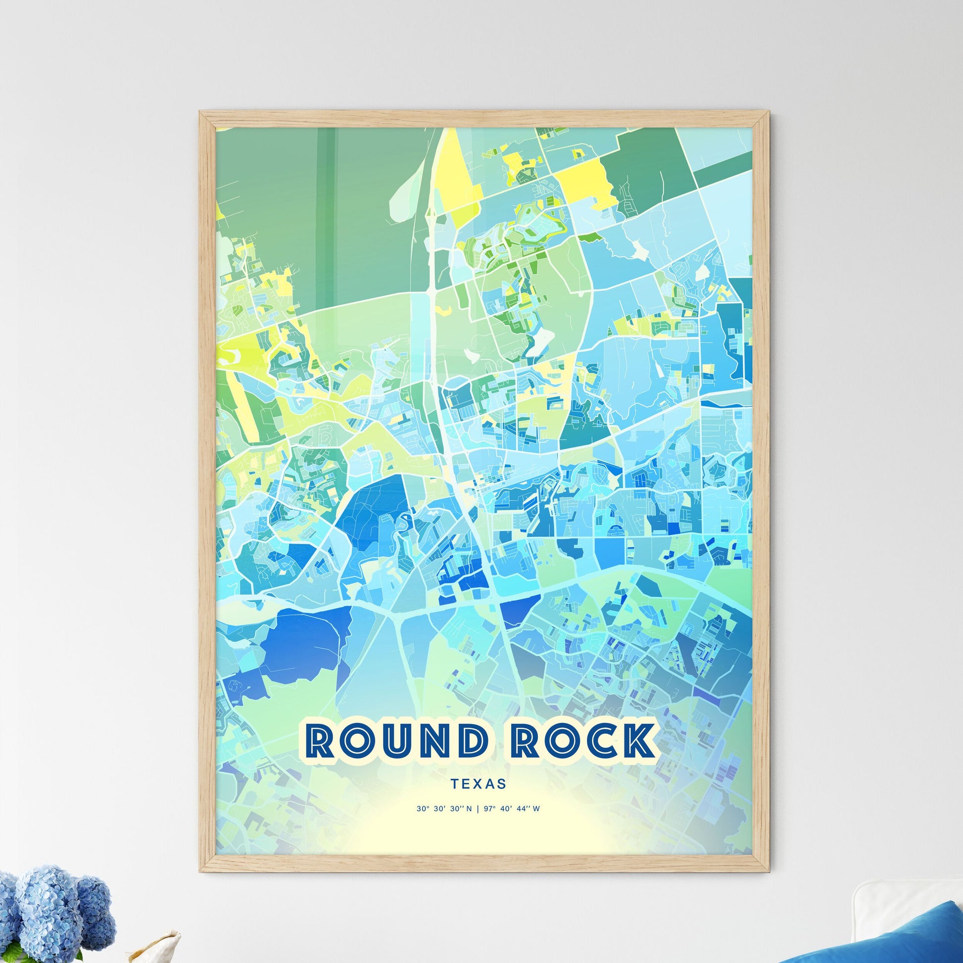 Colorful Round Rock Texas Fine Art Map Cool Blue