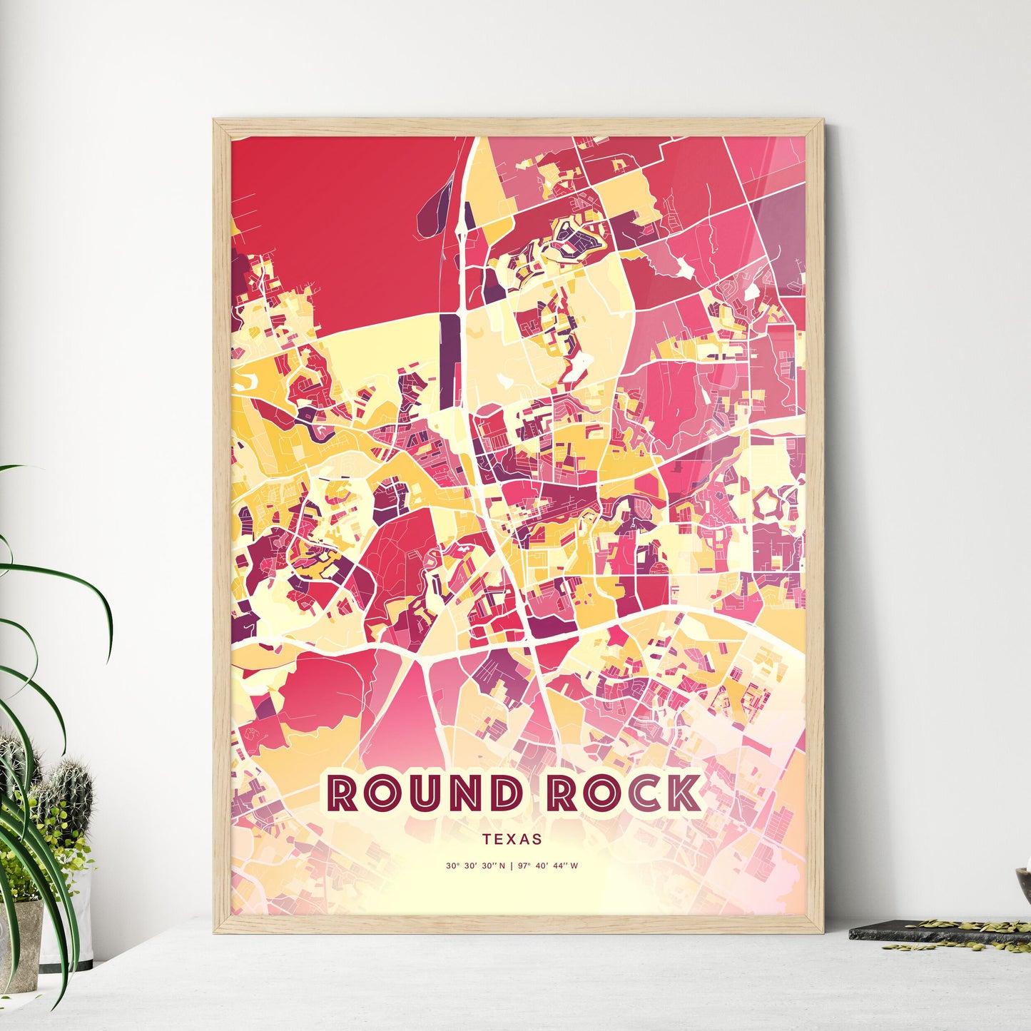 Colorful Round Rock Texas Fine Art Map Hot Red